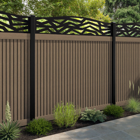 Virtis Zenith Curved Top Fence Panel - Teak - with our aluminium posts