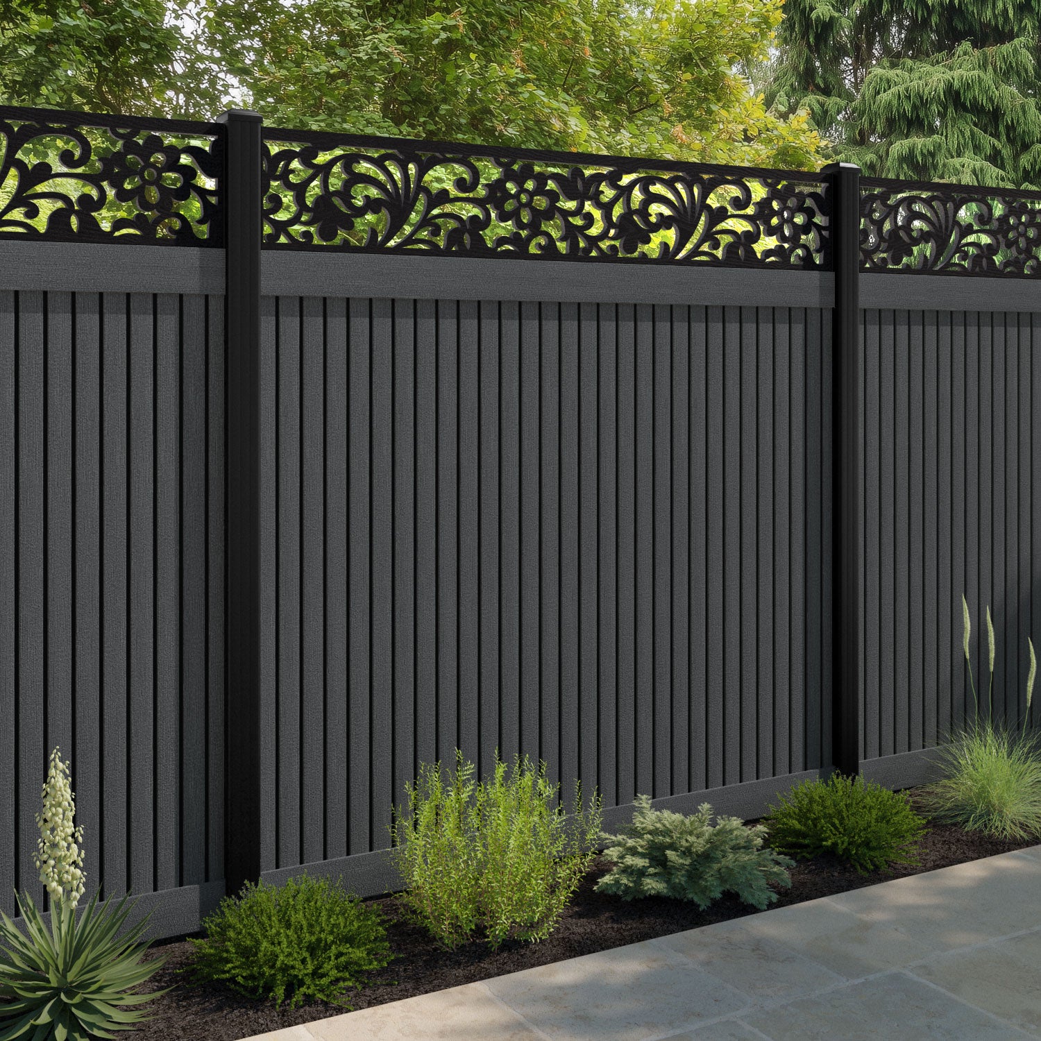 Virtis Eden Fence Panel - Dark Grey - with our aluminium posts