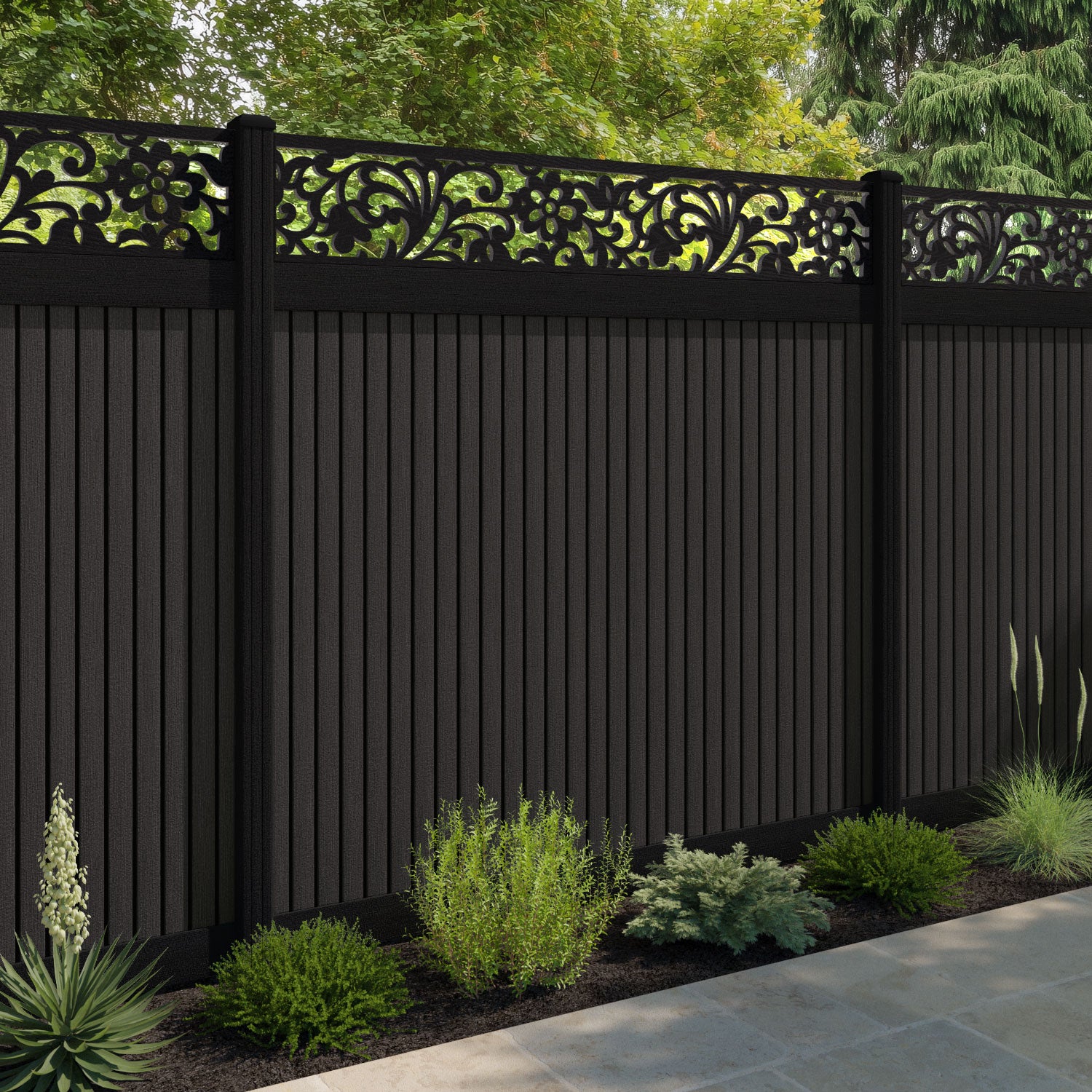 Virtis Eden Fence Panel - Dark Oak - with our aluminium posts