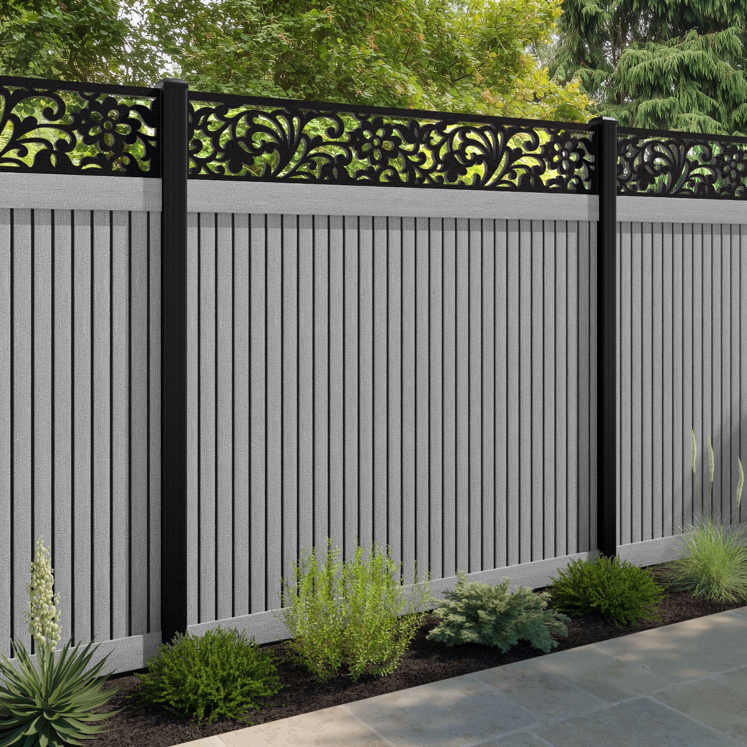 Virtis Eden Fence Panel - Light Grey - with our aluminium posts