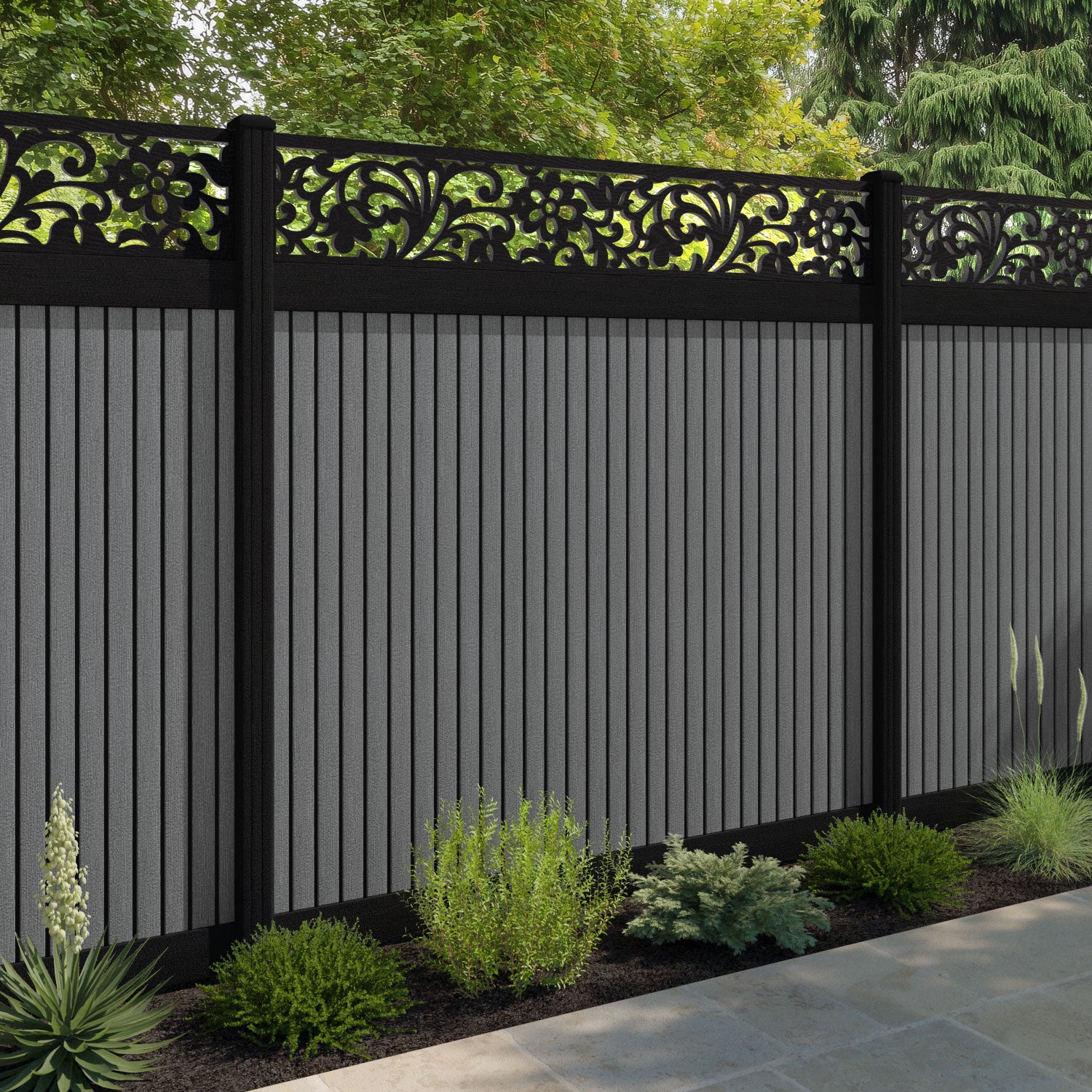 Virtis Eden Fence Panel - Mid Grey - with our aluminium posts