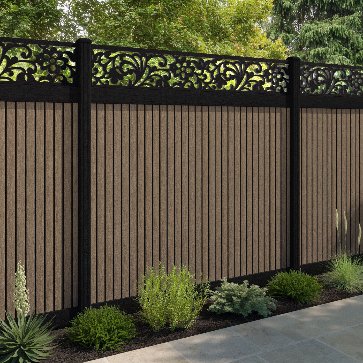 Virtis Eden Fence Panel - Teak - with our aluminium posts