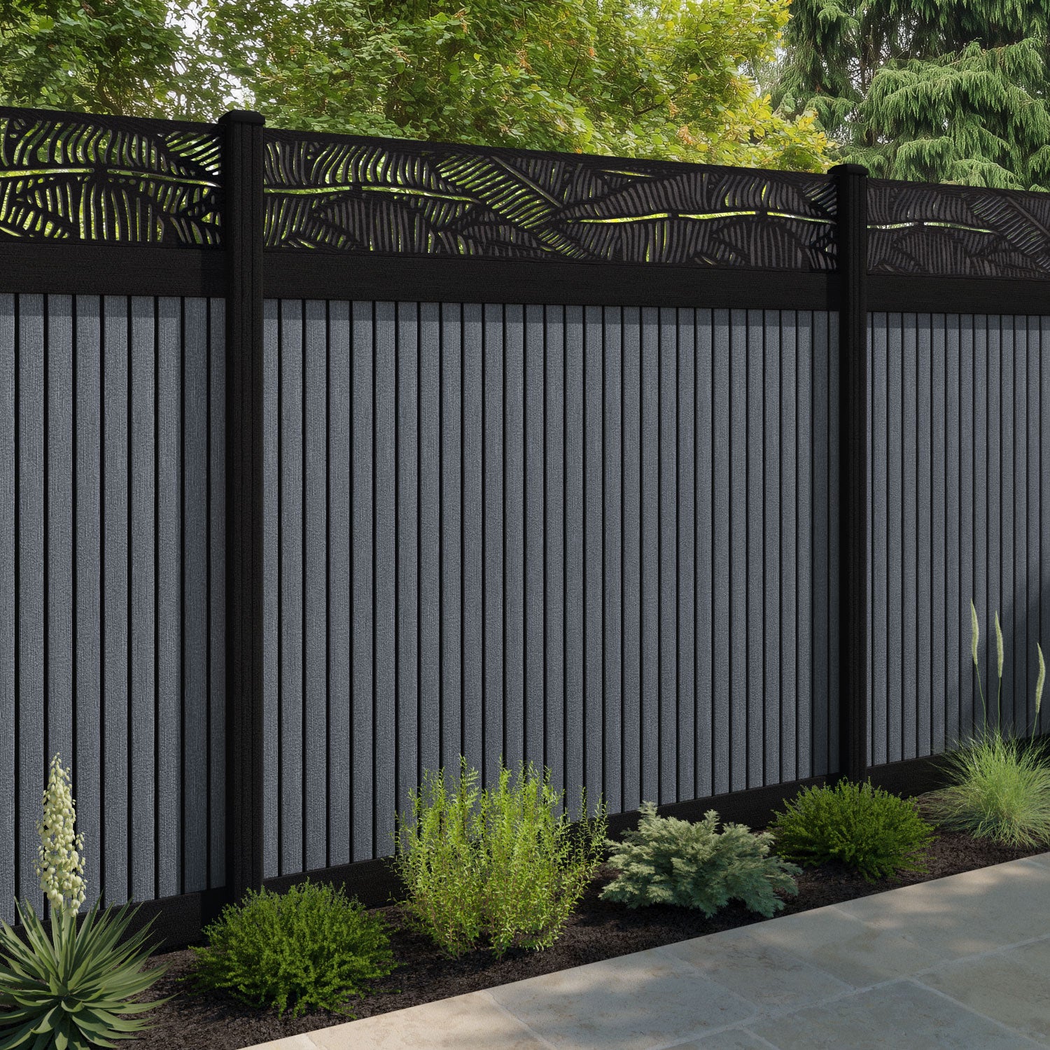 Virtis Feather Fence Panel - Anthracite - with our aluminium posts
