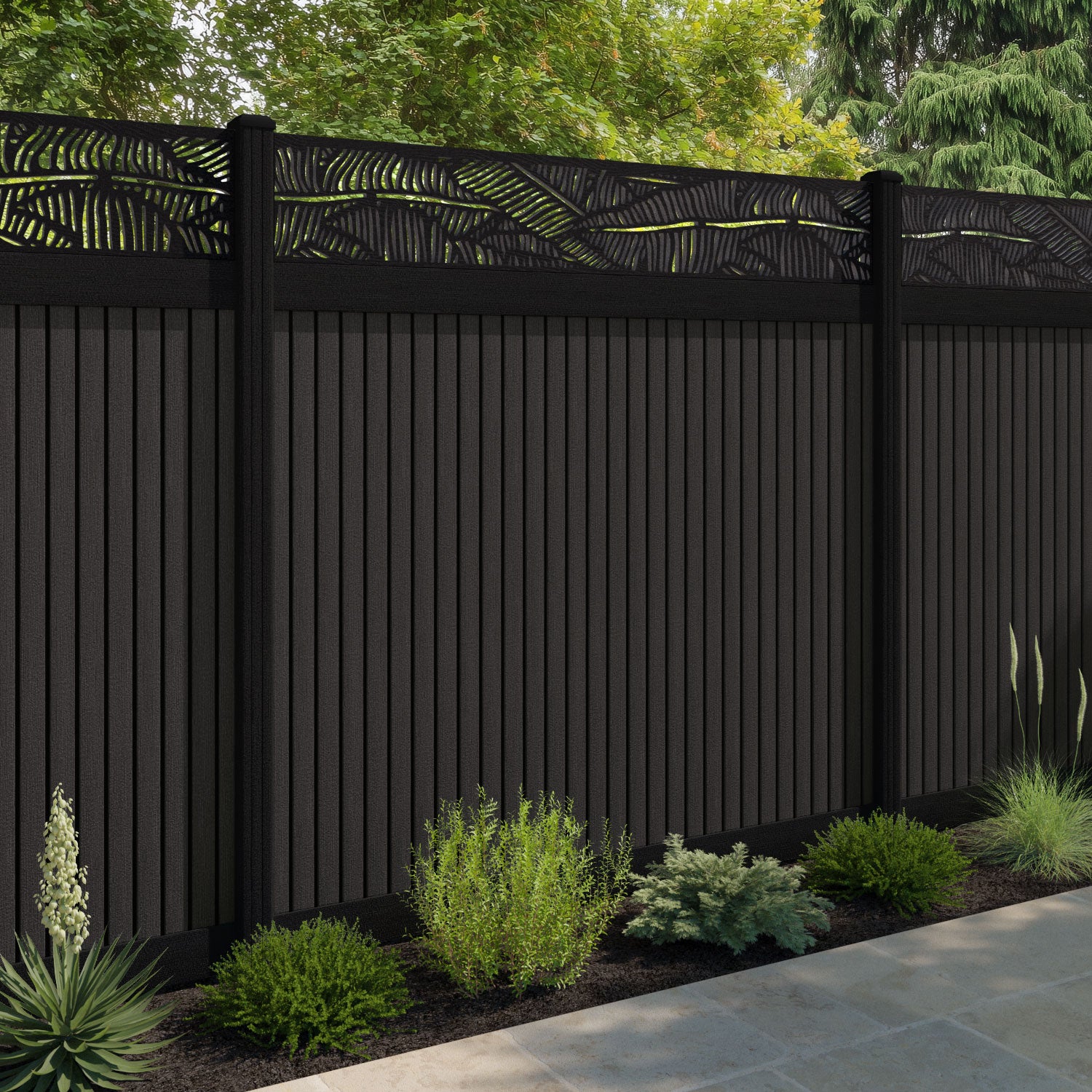 Virtis Feather Fence Panel - Dark Oak - with our aluminium posts