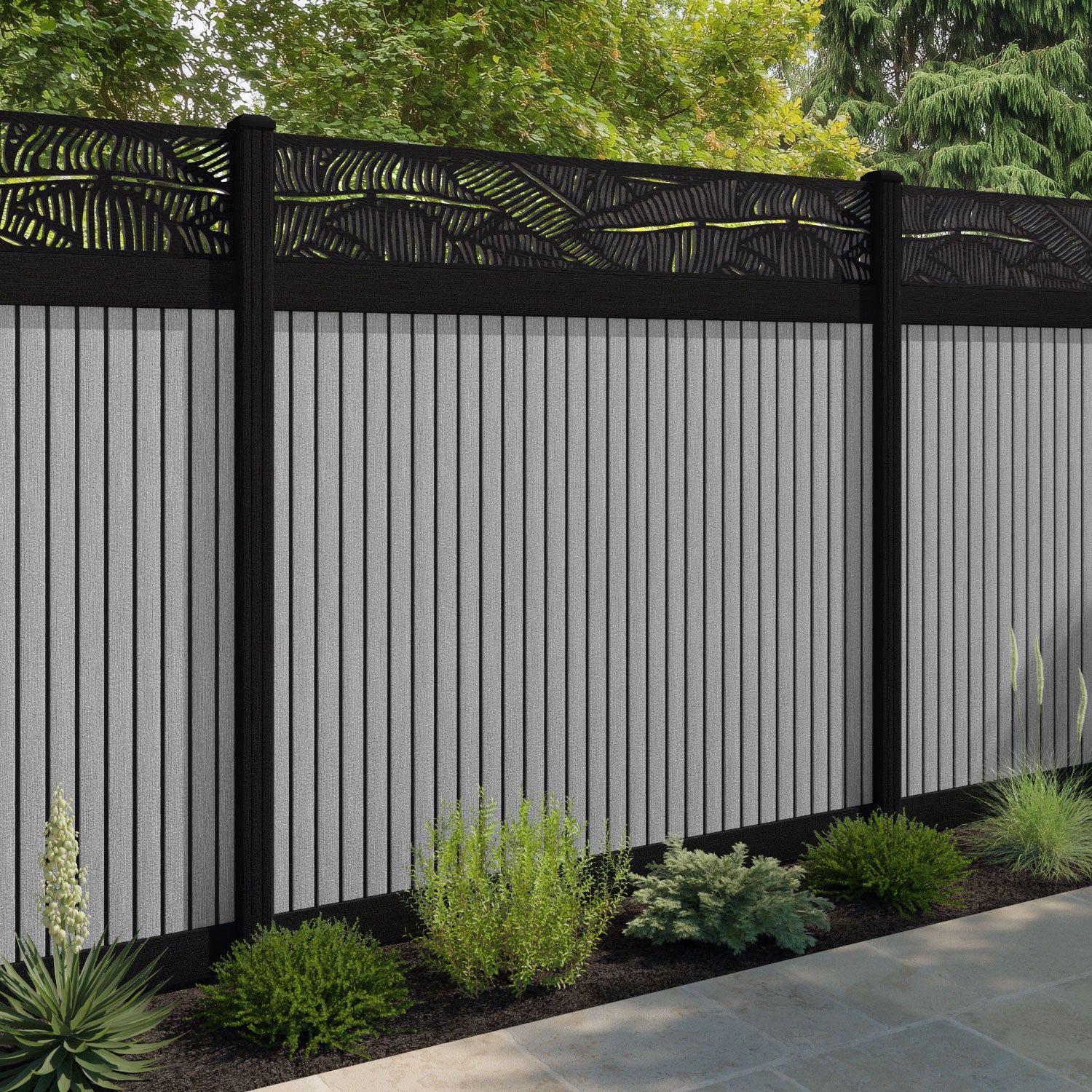 Virtis Feather Fence Panel - Light Grey - with our aluminium posts