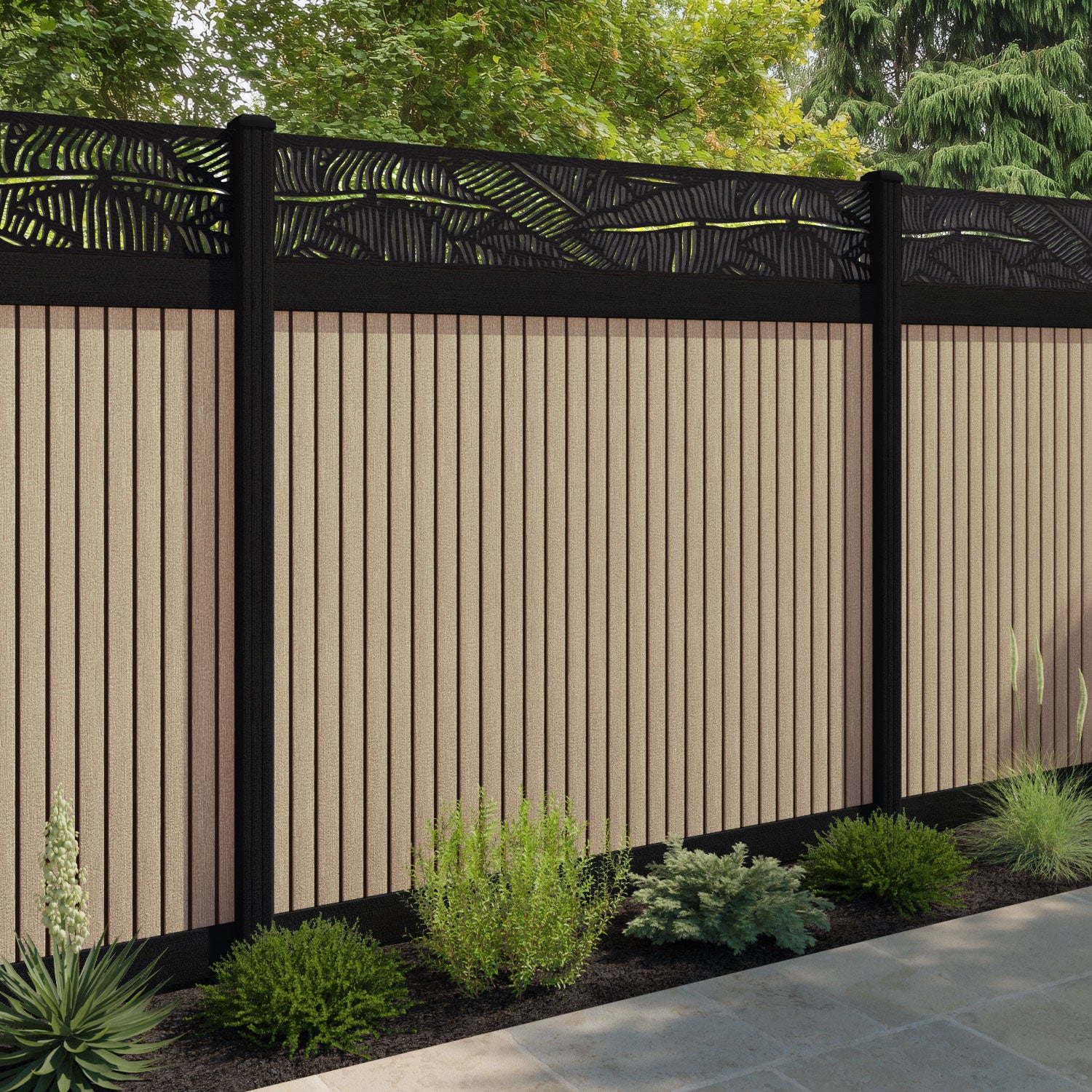 Virtis Feather Fence Panel - Light Oak - with our composite posts