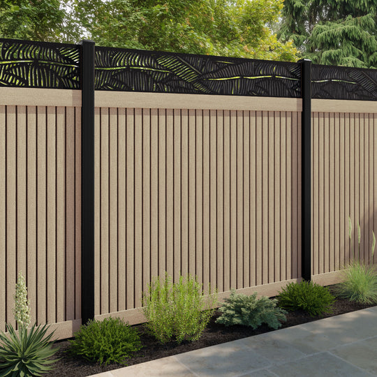 Virtis Feather Fence Panel - Light Oak - with our aluminium posts