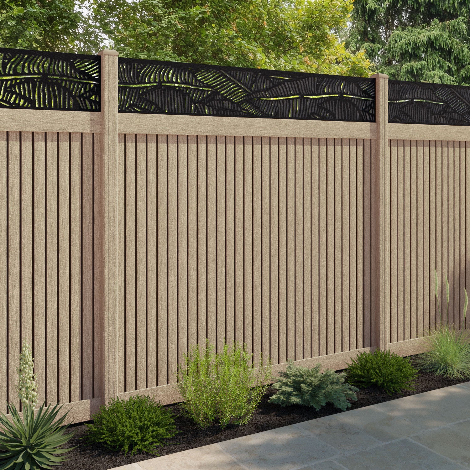 Virtis Feather Fence Panel - Light Oak - with our composite posts