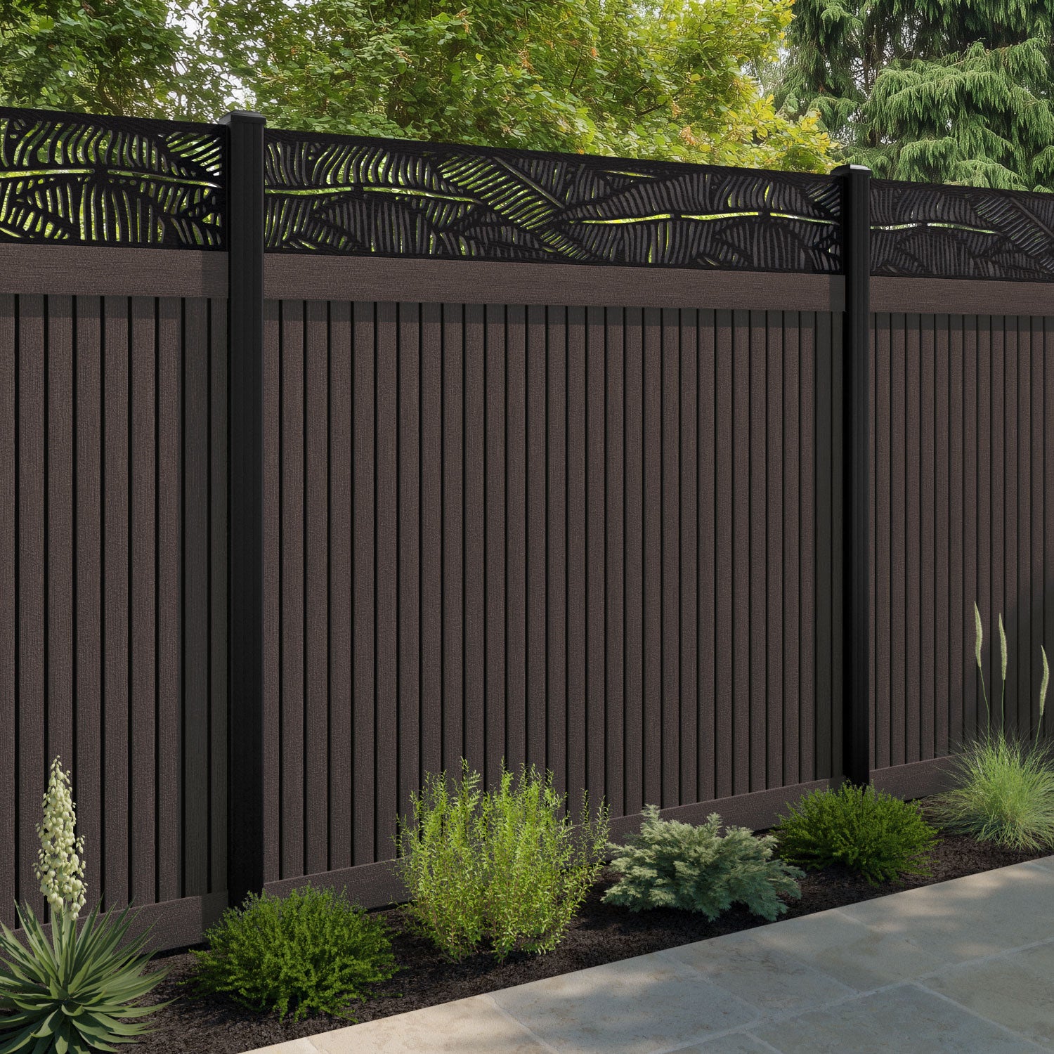 Virtis Feather Fence Panel - Mid Brown - with our aluminium posts