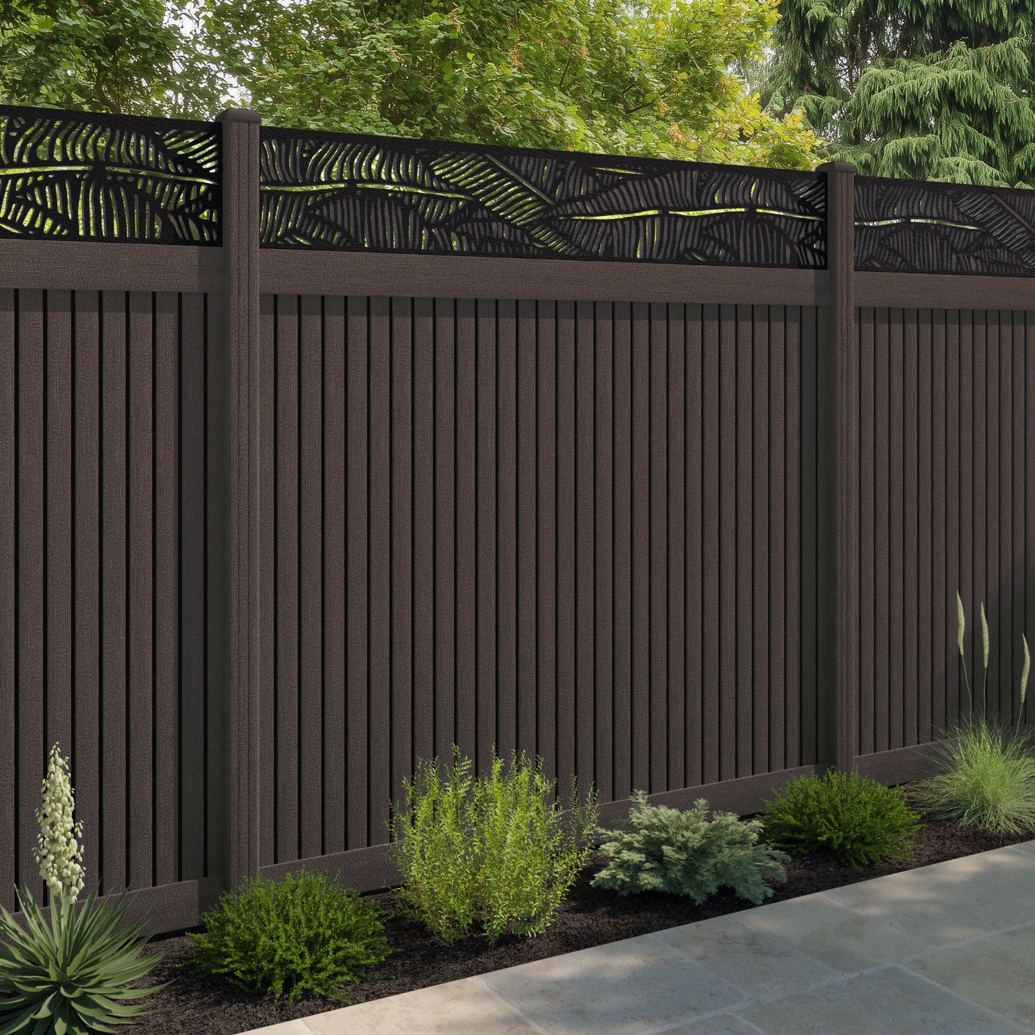 Virtis Feather Fence Panel - Mid Brown - with our composite posts