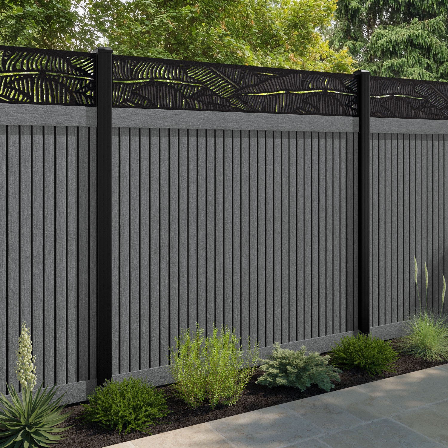 Virtis Feather Fence Panel - Mid Grey - with our aluminium posts