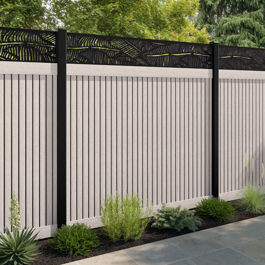 Virtis Feather Fence Panel - Mid Stone - with our aluminium posts