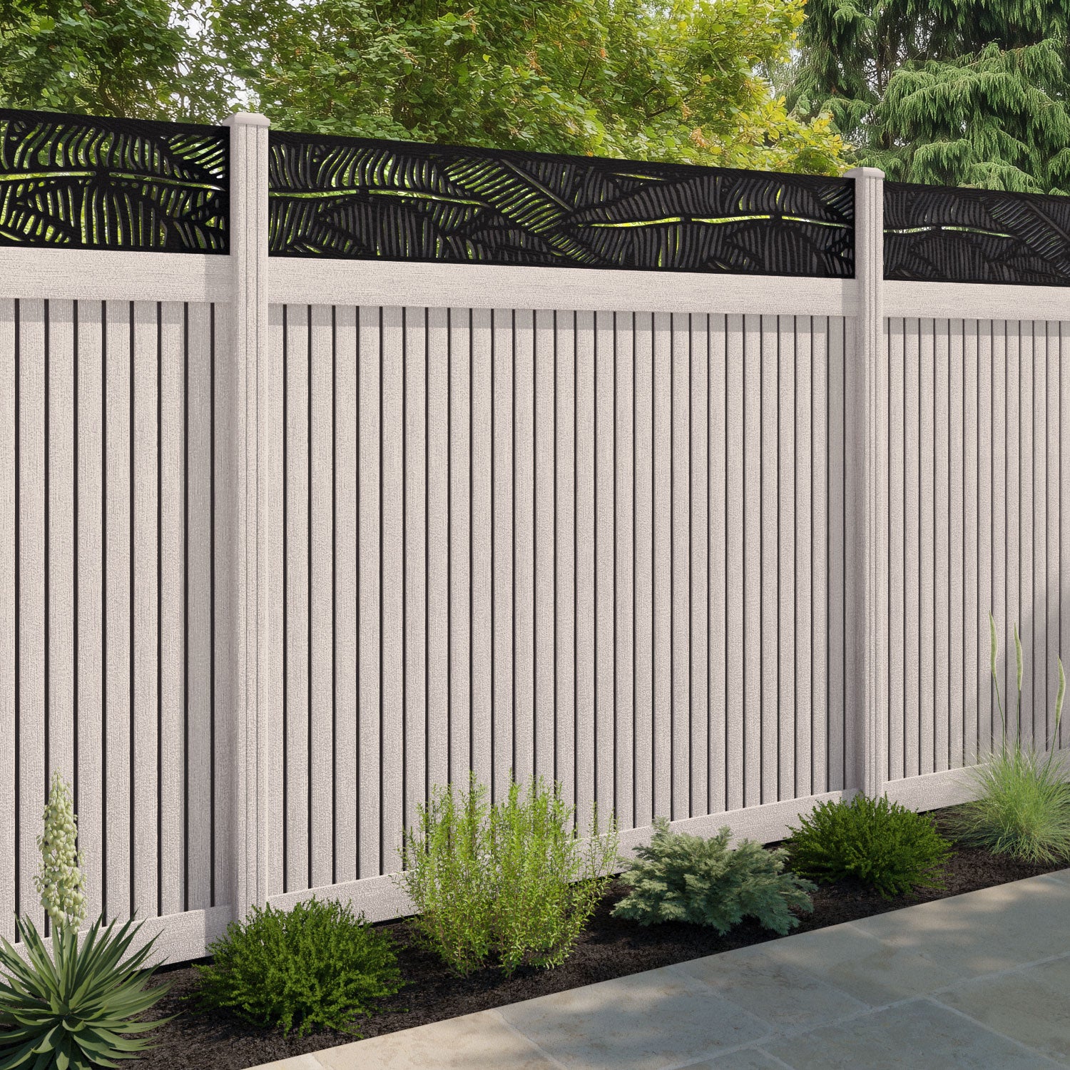 Virtis Feather Fence Panel - Mid Stone - with our composite posts