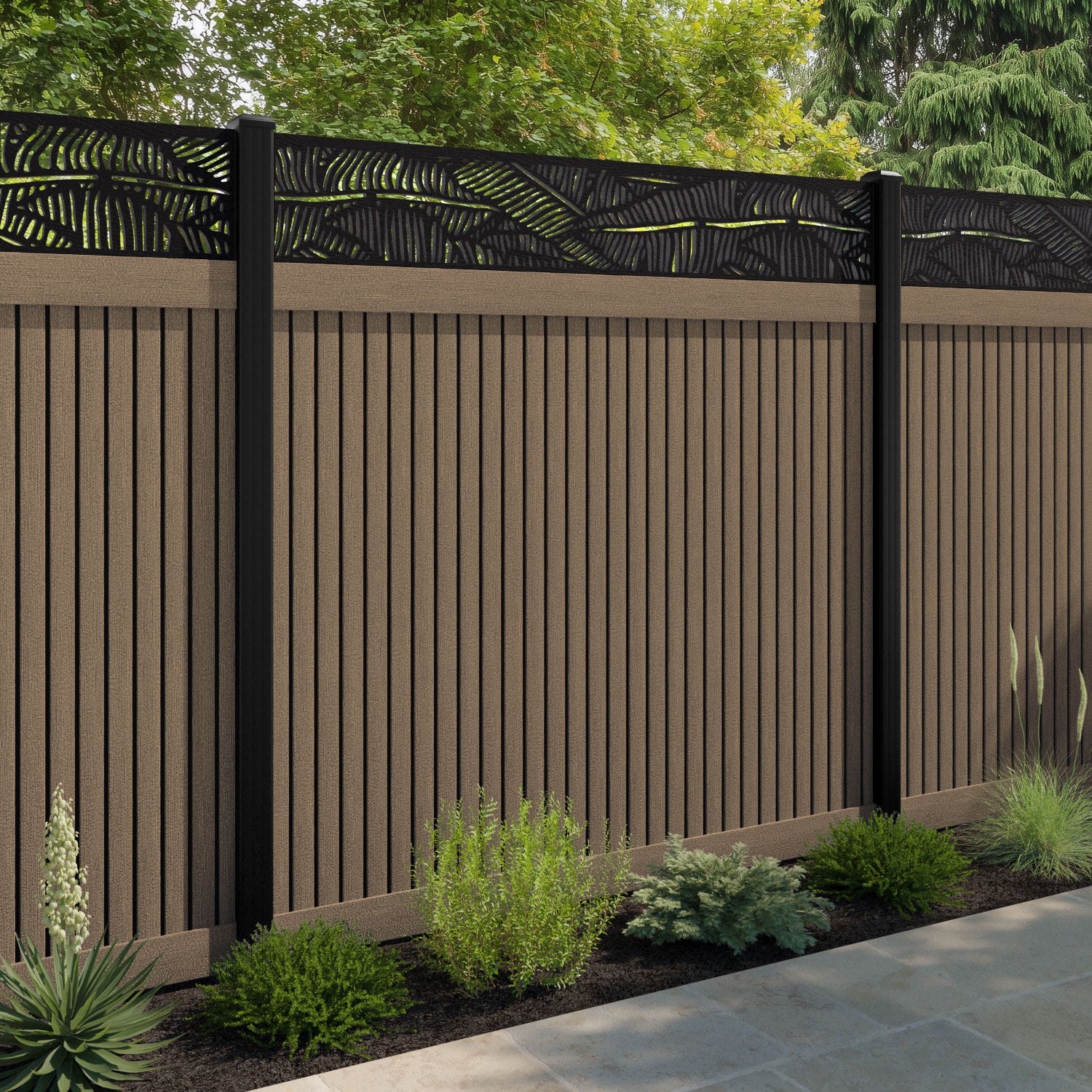 Virtis Feather Fence Panel - Teak - with our aluminium posts