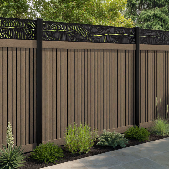 Virtis Feather Fence Panel - Teak - with our aluminium posts