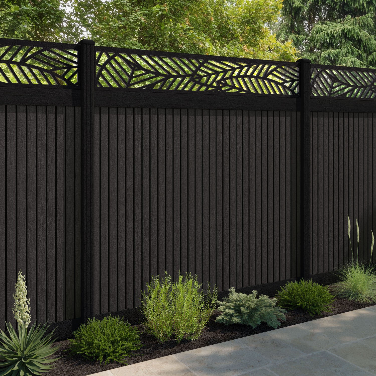 Virtis Habitat Fence Panel - Dark Oak - with our aluminium posts