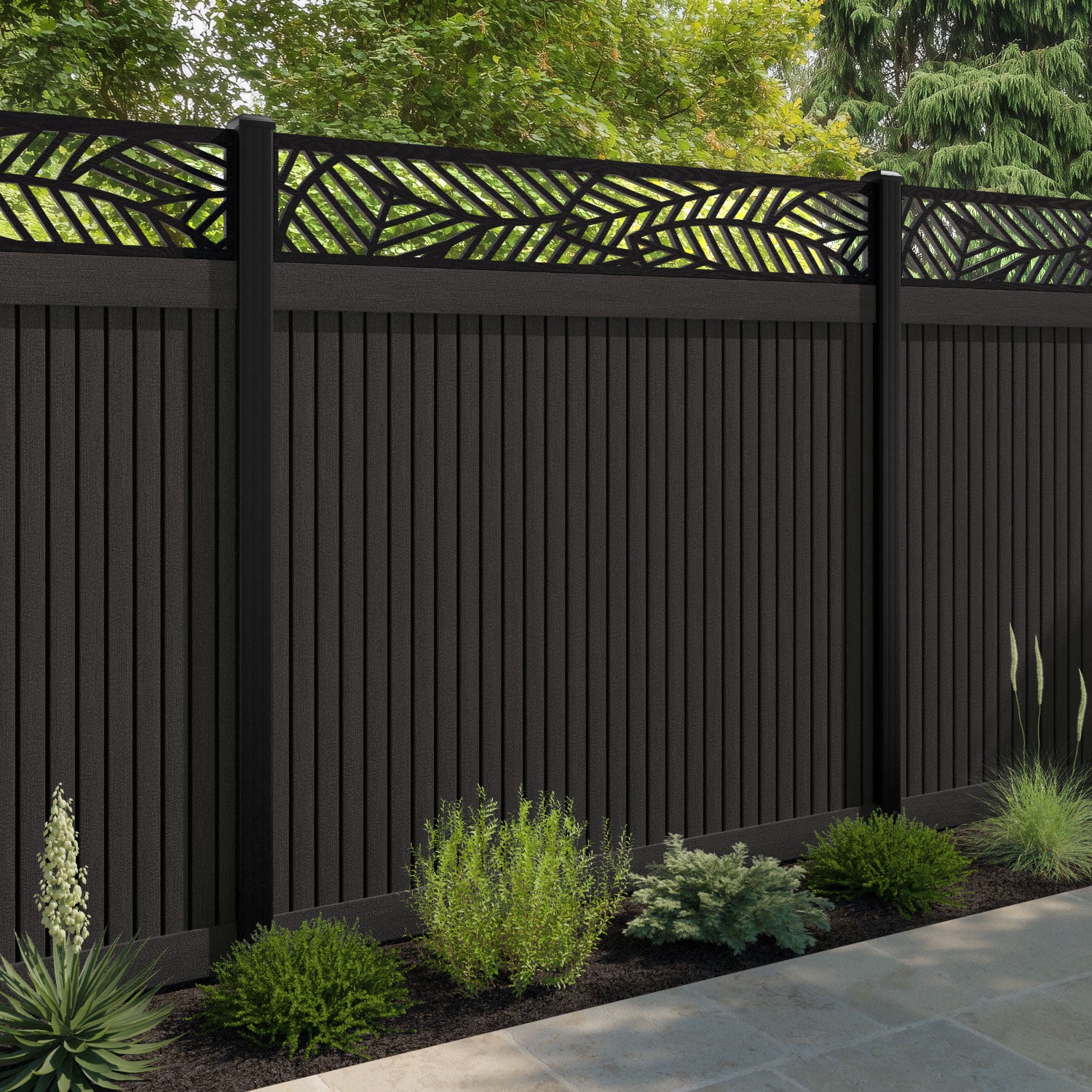 Virtis Habitat Fence Panel - Dark Oak - with our aluminium posts