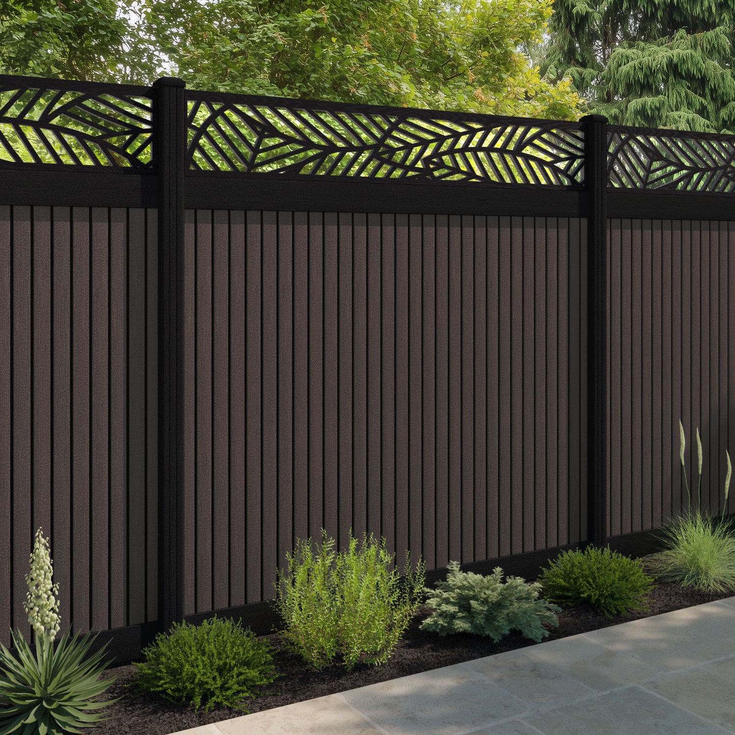 Virtis Habitat Fence Panel - Mid Brown - with our aluminium posts