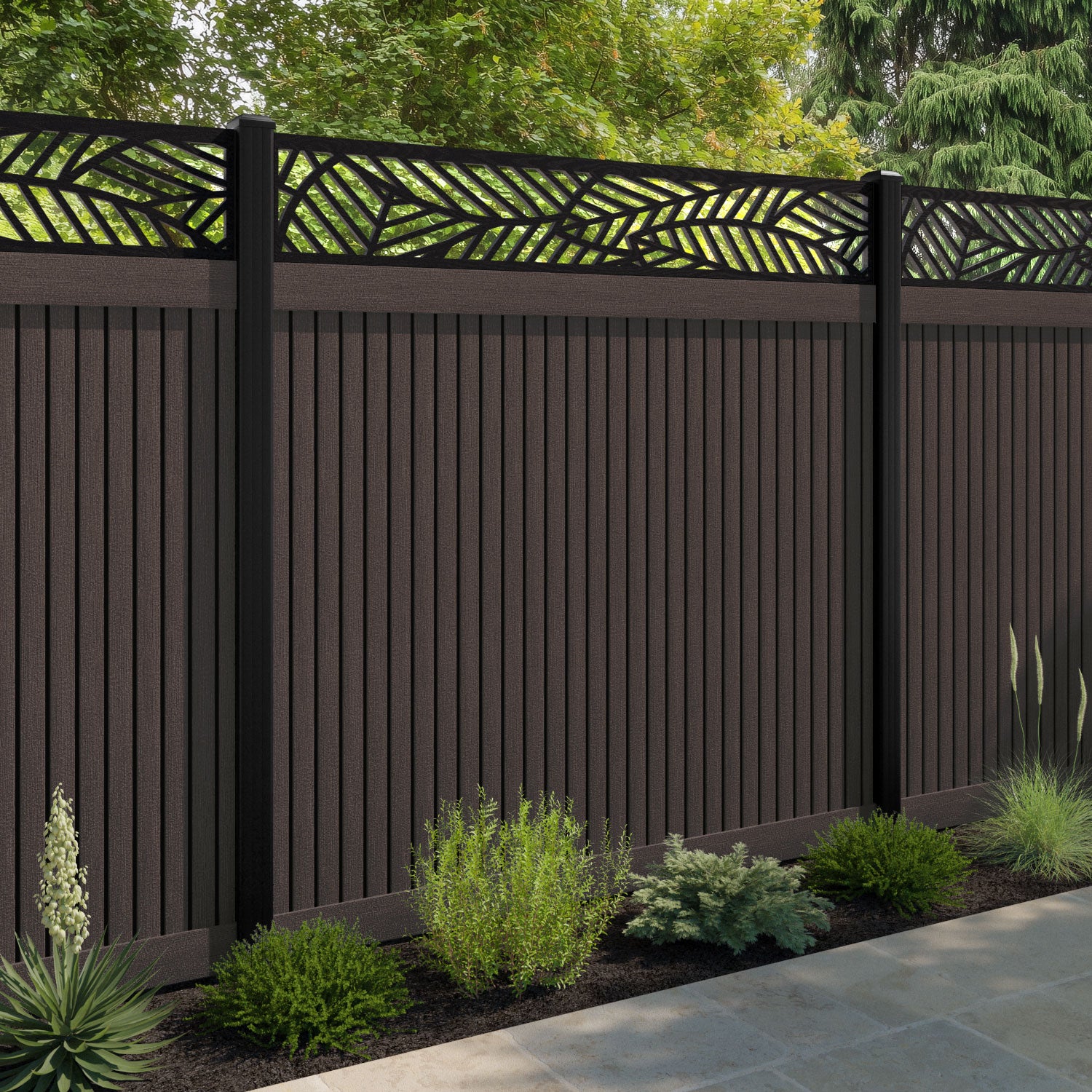 Virtis Habitat Fence Panel - Mid Brown - with our aluminium posts
