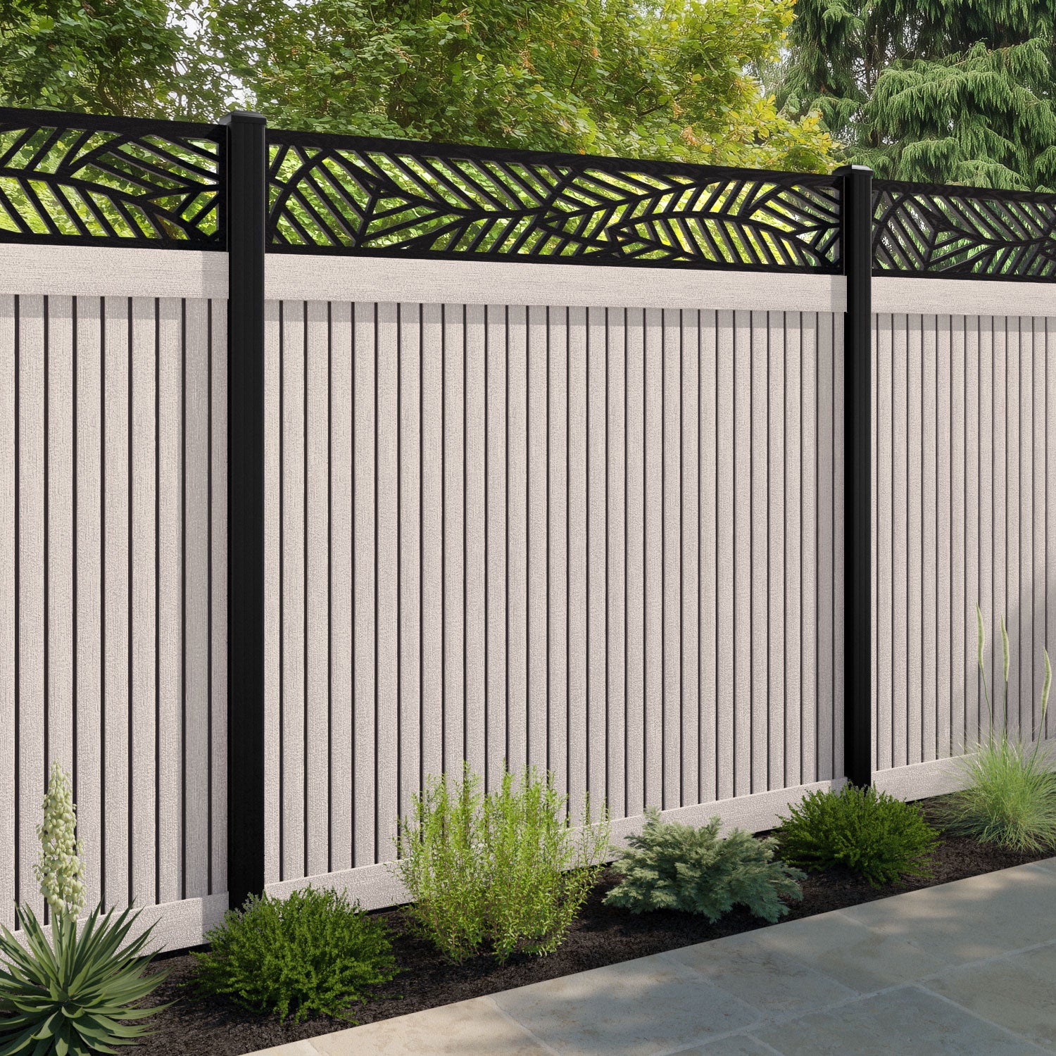 Virtis Habitat Fence Panel - Mid Stone - with our aluminium posts