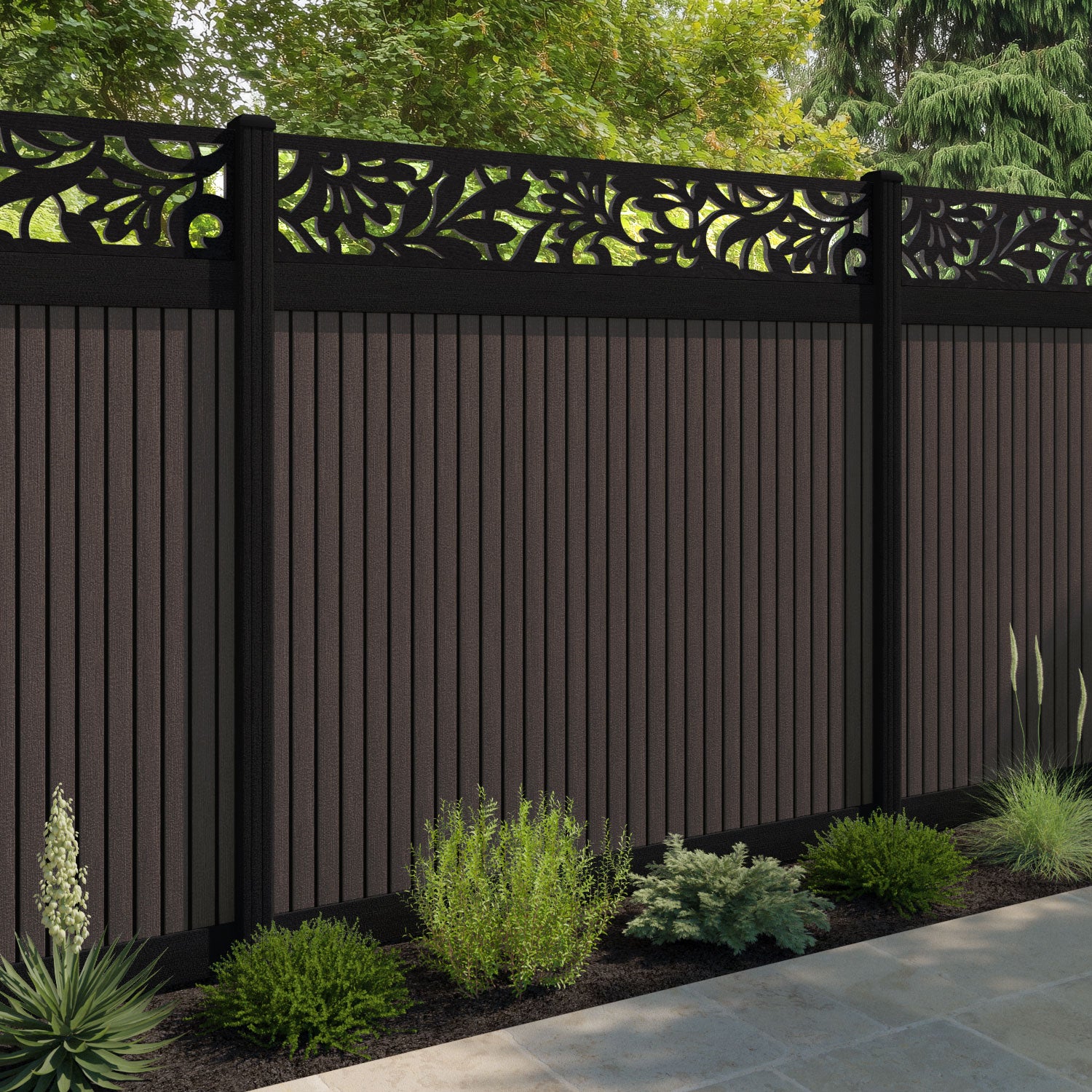 Virtis Heritage Fence Panel - Mid Brown - with our aluminium posts