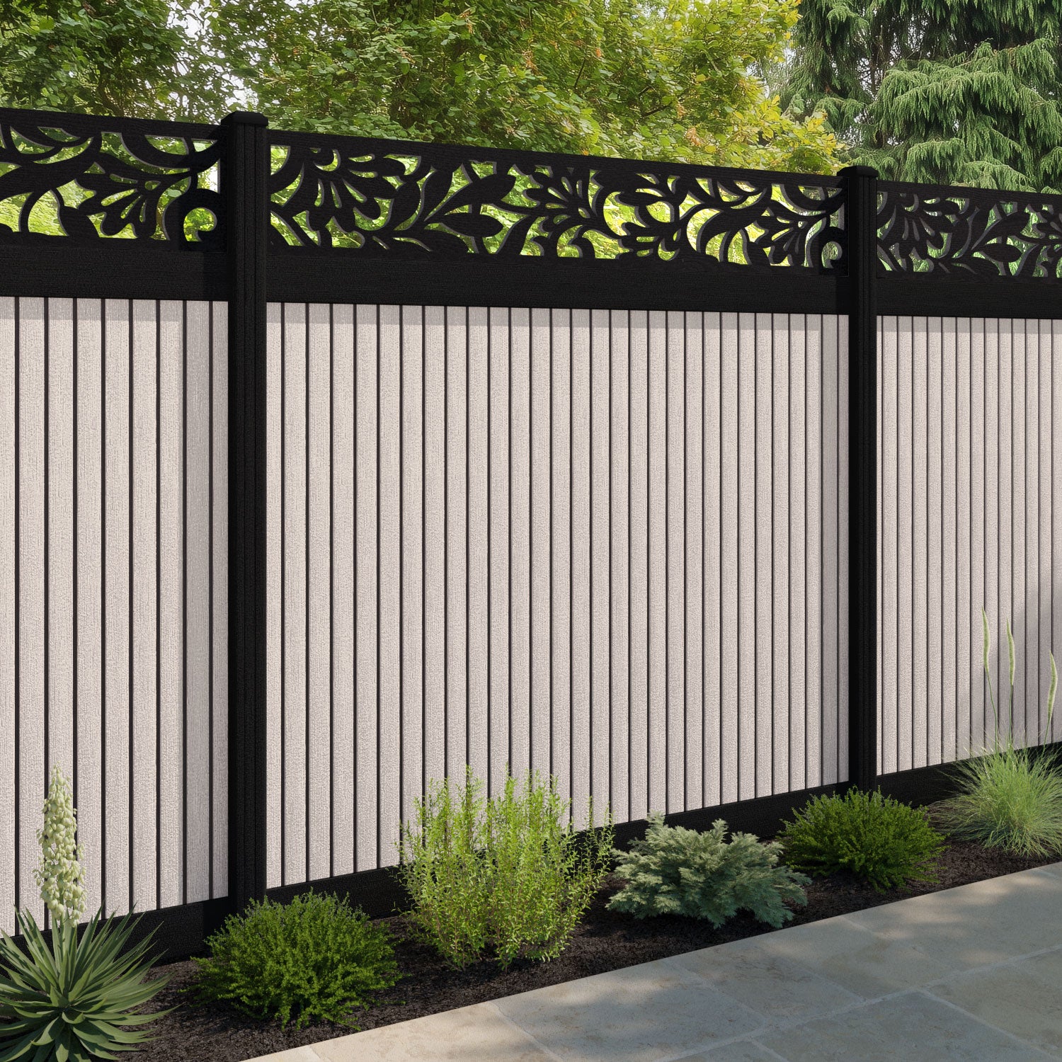 Virtis Heritage Fence Panel - Mid Stone - with our aluminium posts