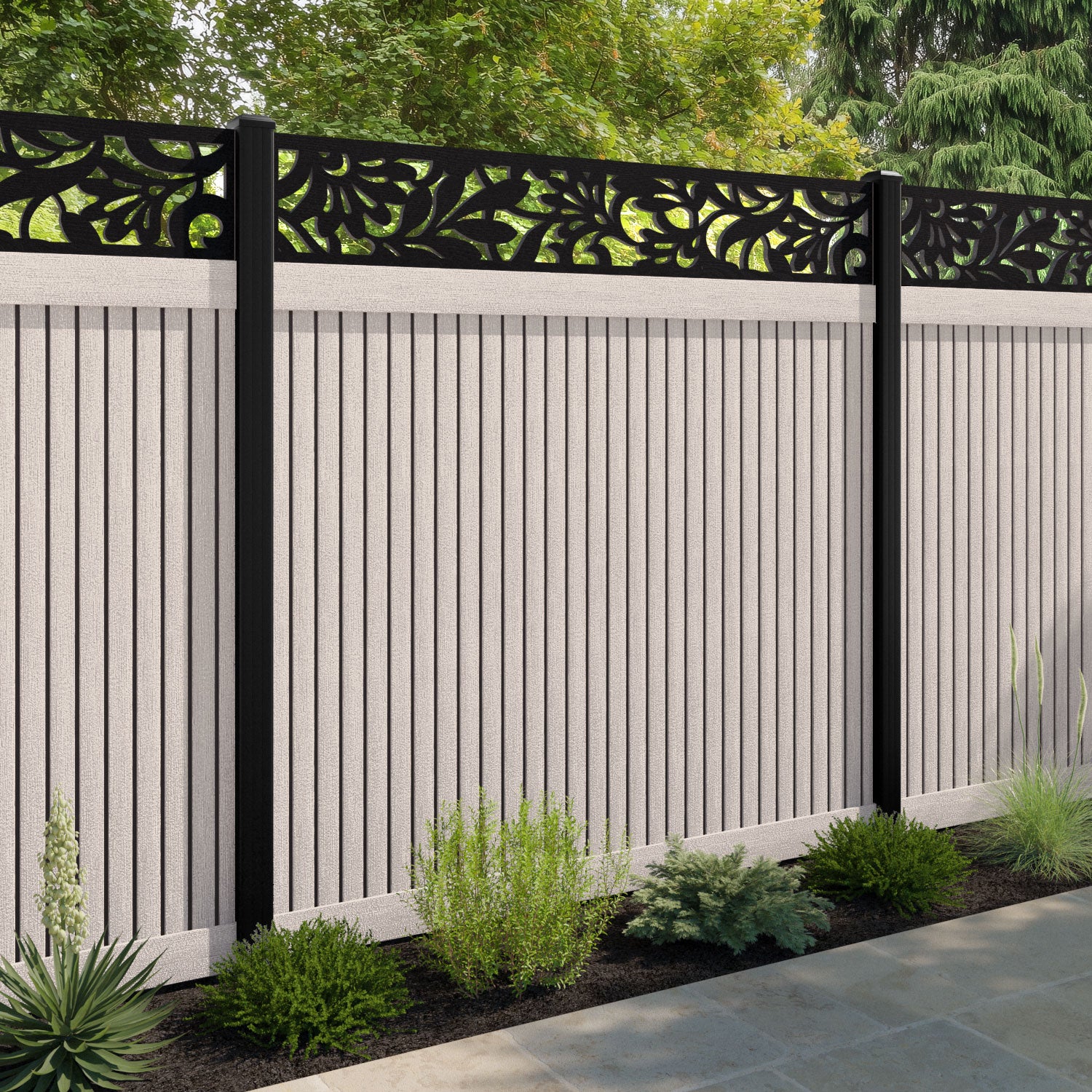 Virtis Heritage Fence Panel - Mid Stone - with our aluminium posts