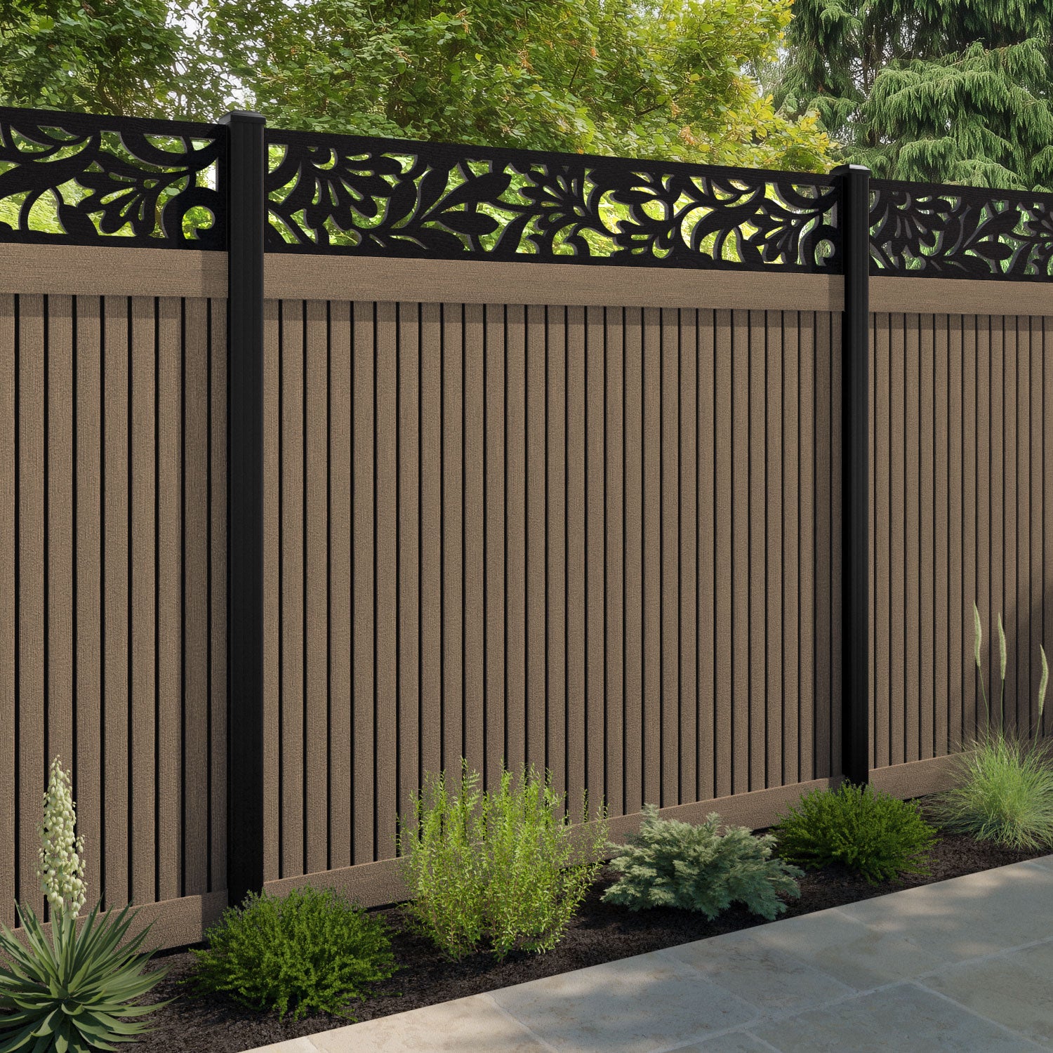 Virtis Heritage Fence Panel - Teak - with our aluminium posts