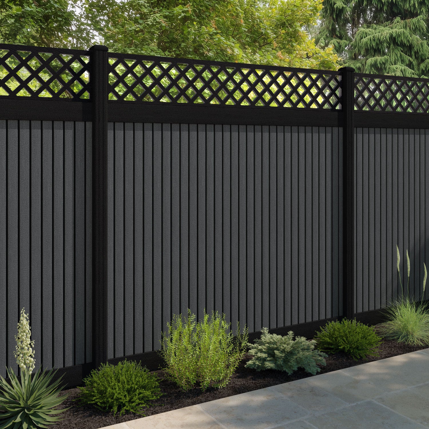 Virtis Hive Fence Panel - Dark Grey - with our aluminium posts