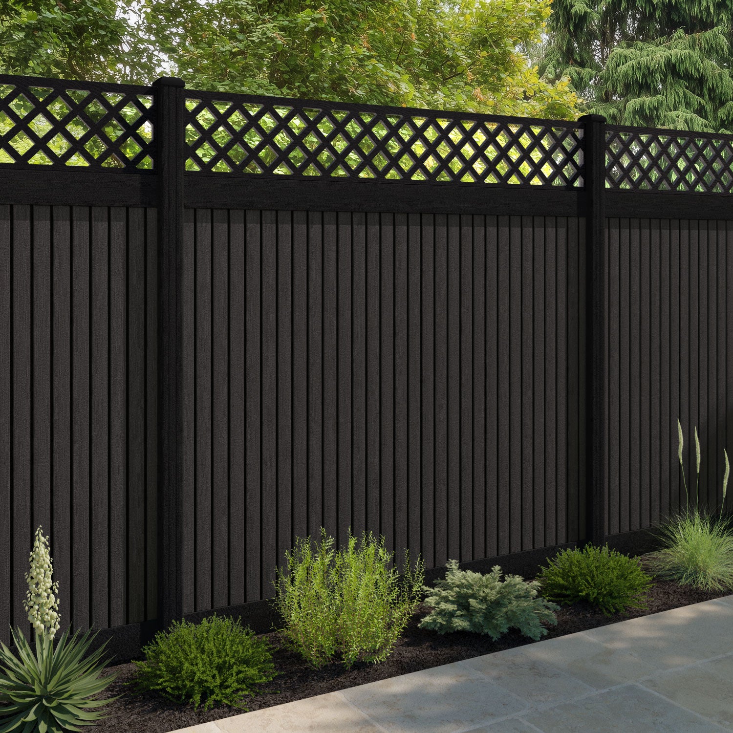 Virtis Hive Fence Panel - Dark Oak - with our aluminium posts