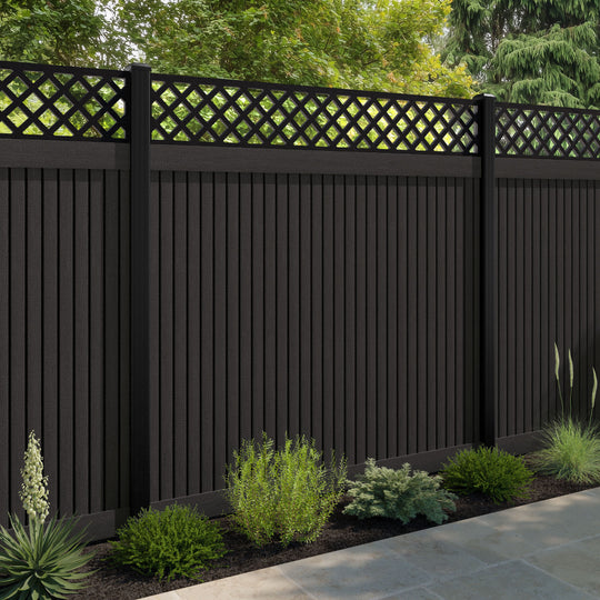 Virtis Hive Fence Panel - Dark Oak - with our aluminium posts