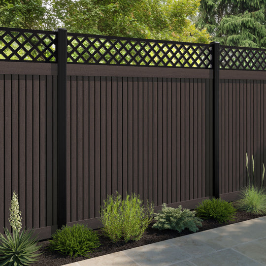 Virtis Hive Fence Panel - Mid Brown - with our aluminium posts