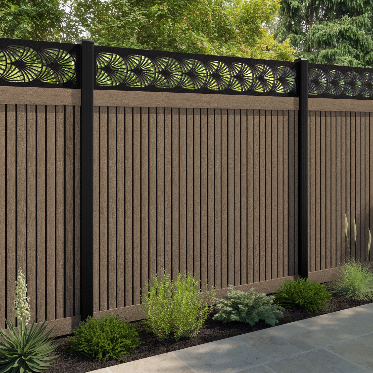 Virtis Laurel Fence Panel - Teak - with our composite posts