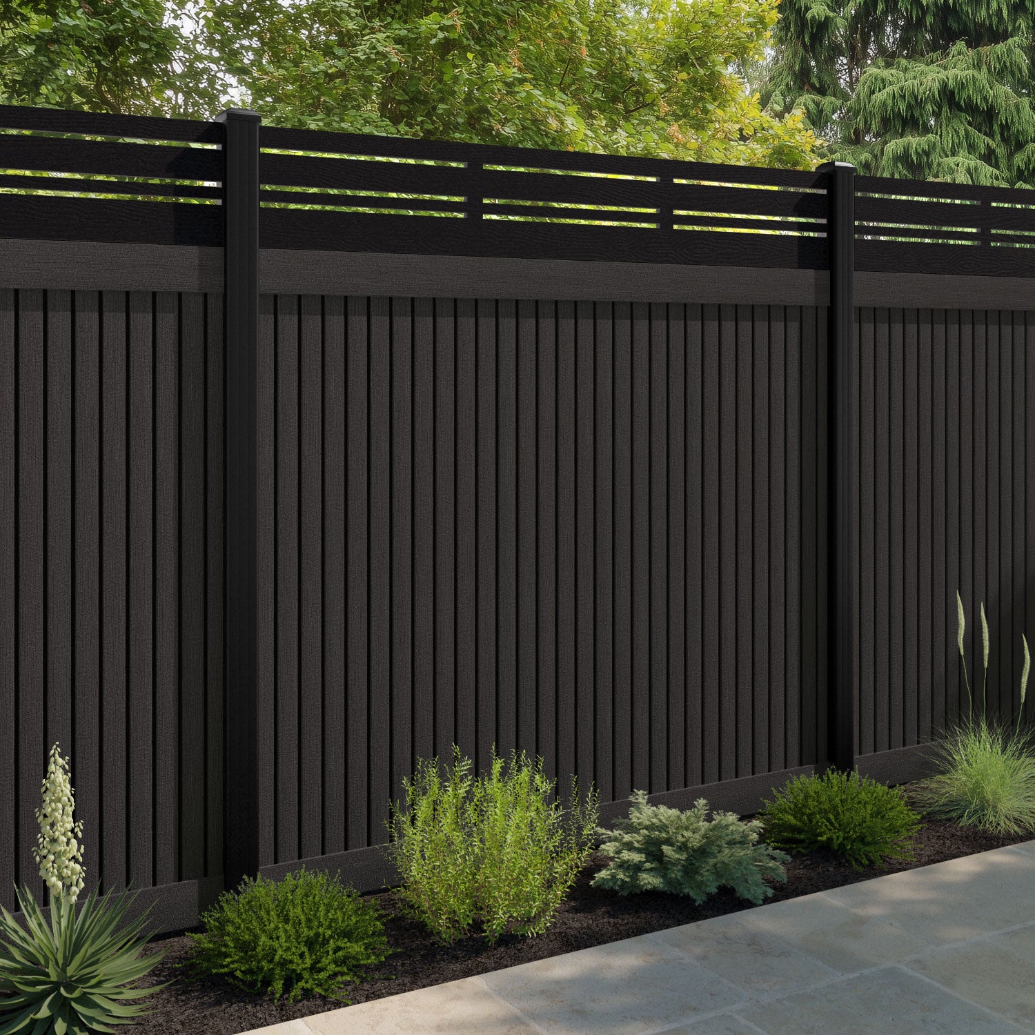 Virtis Linea Fence Panel - Dark Oak - with our aluminium posts