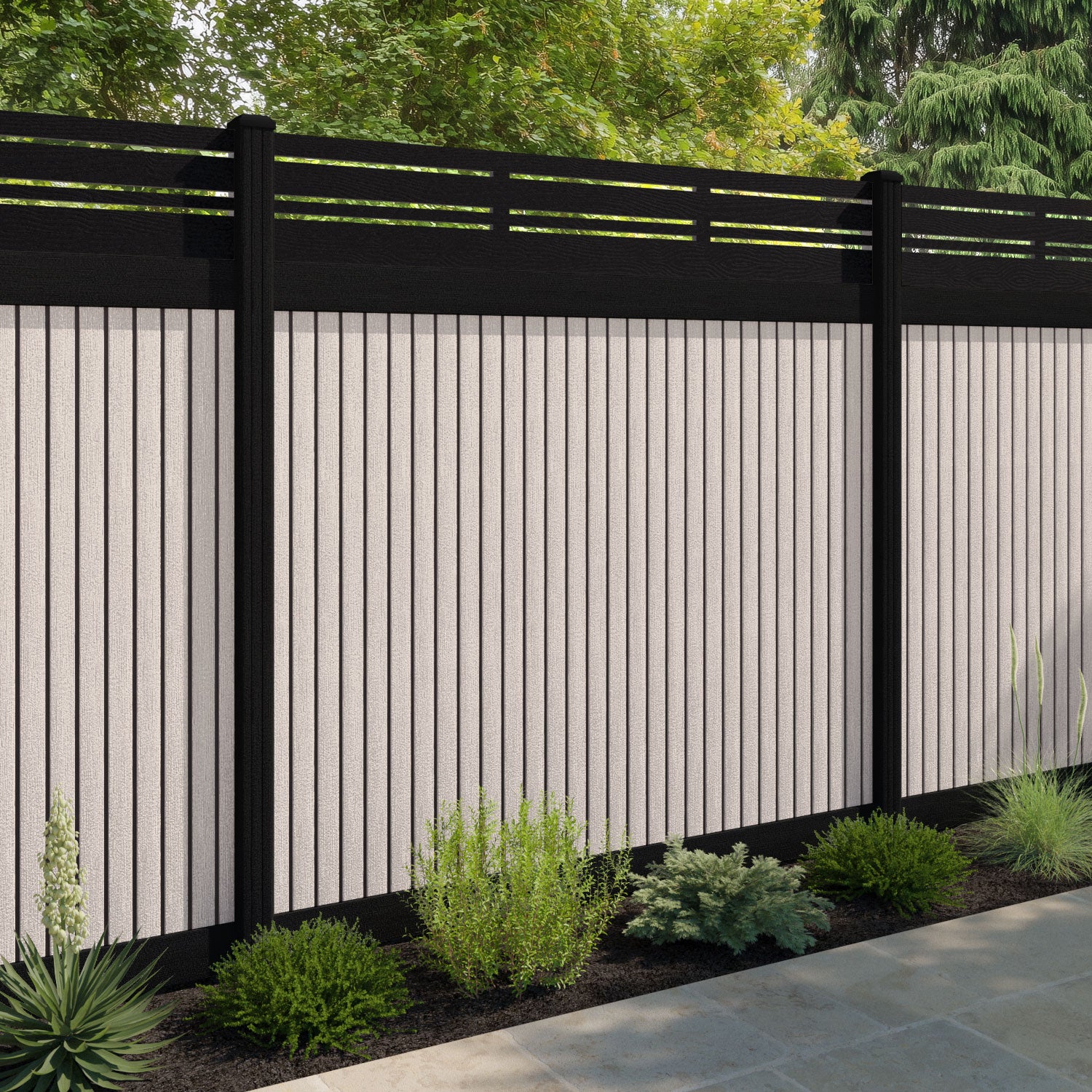 Virtis Linea Fence Panel - Mid Stone - with our aluminium posts