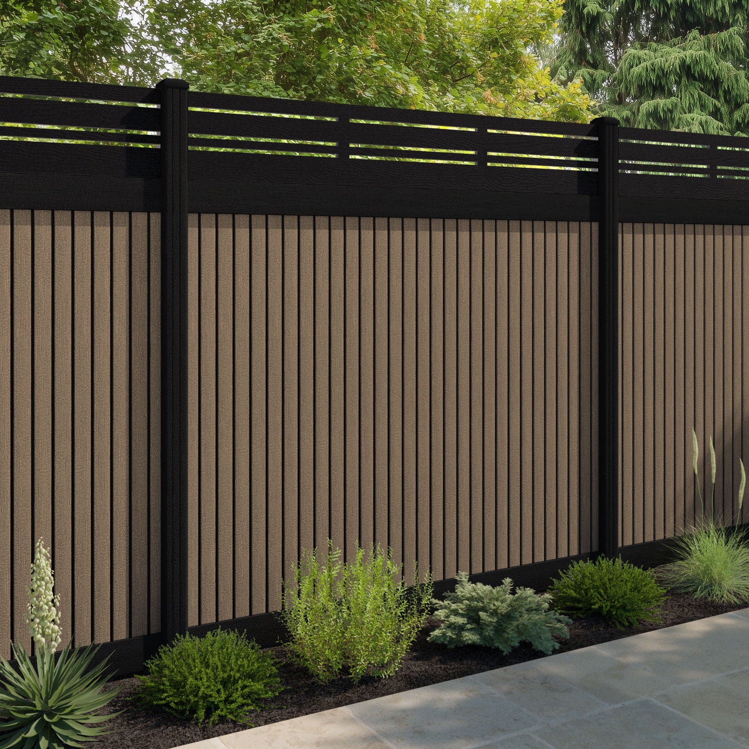 Virtis Linea Fence Panel - Teak - with our aluminium posts