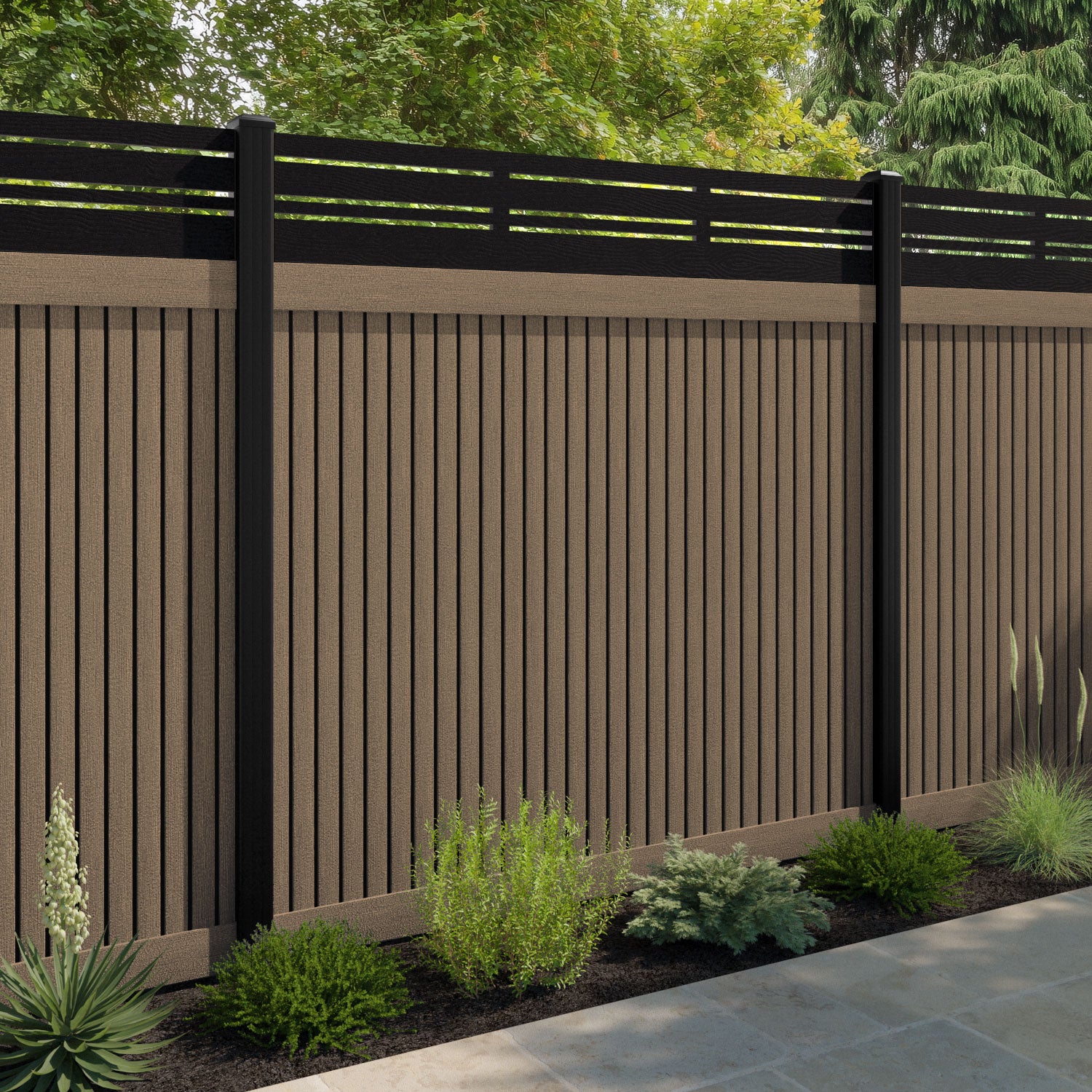 Virtis Linea Fence Panel - Teak - with our aluminium posts