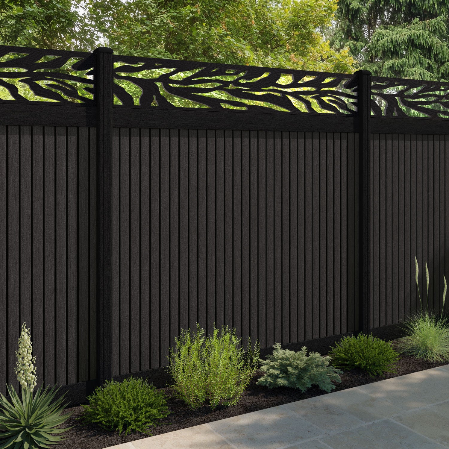 Virtis Malawi Fence Panel - Dark Oak - with our aluminium posts
