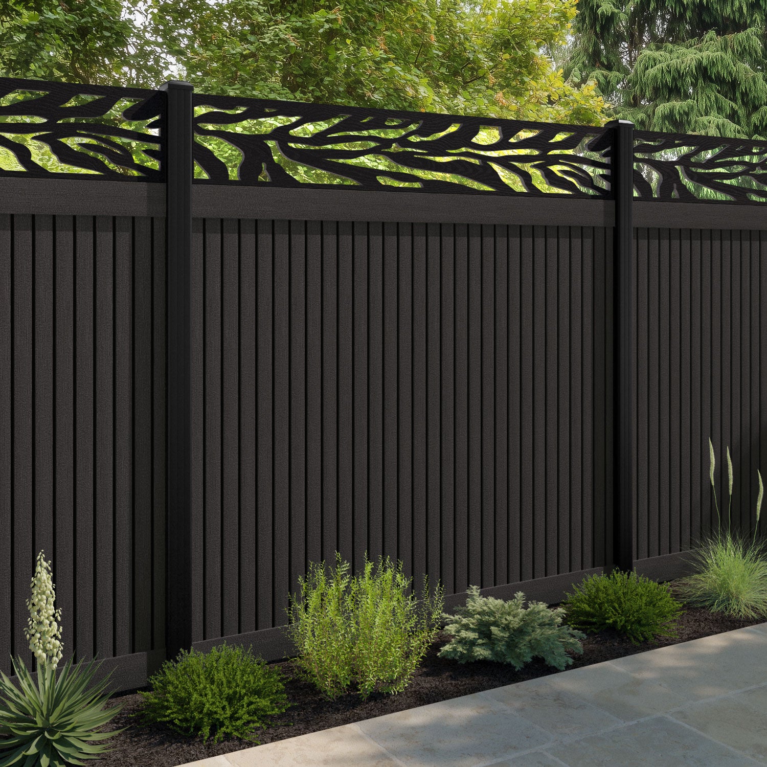 Virtis Malawi Fence Panel - Dark Oak - with our aluminium posts