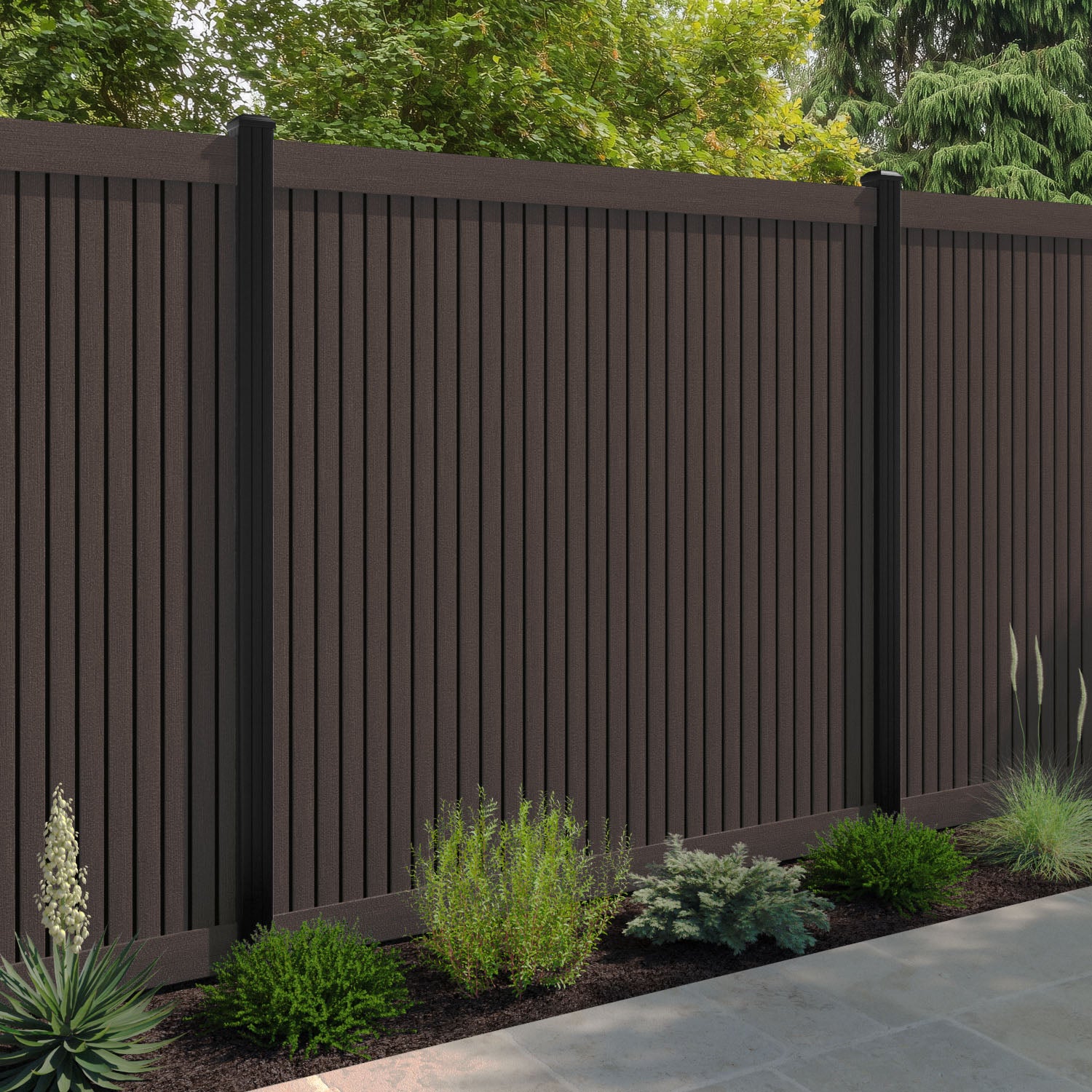 Virtis Fence Panel - Mid Brown - with our aluminium posts