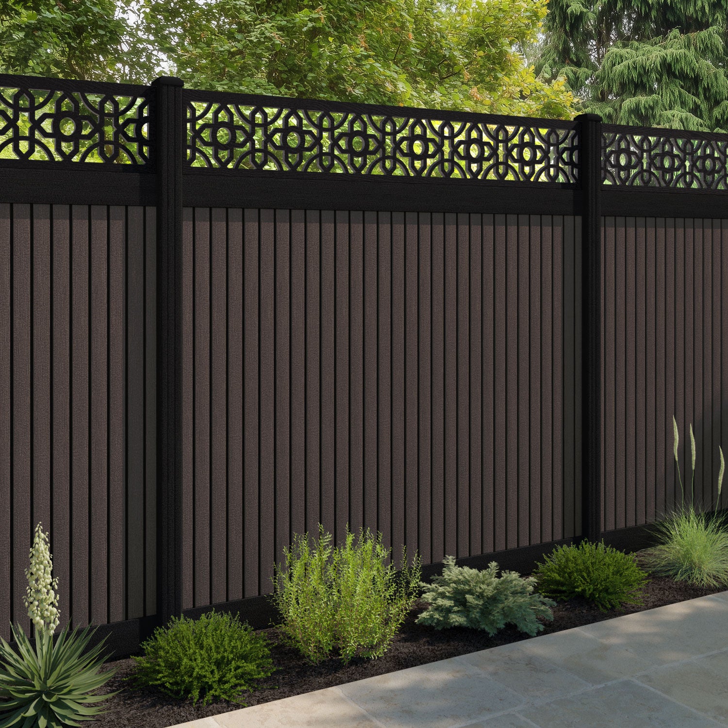 Virtis Nabila Fence Panel - Mid Brown - with our aluminium posts