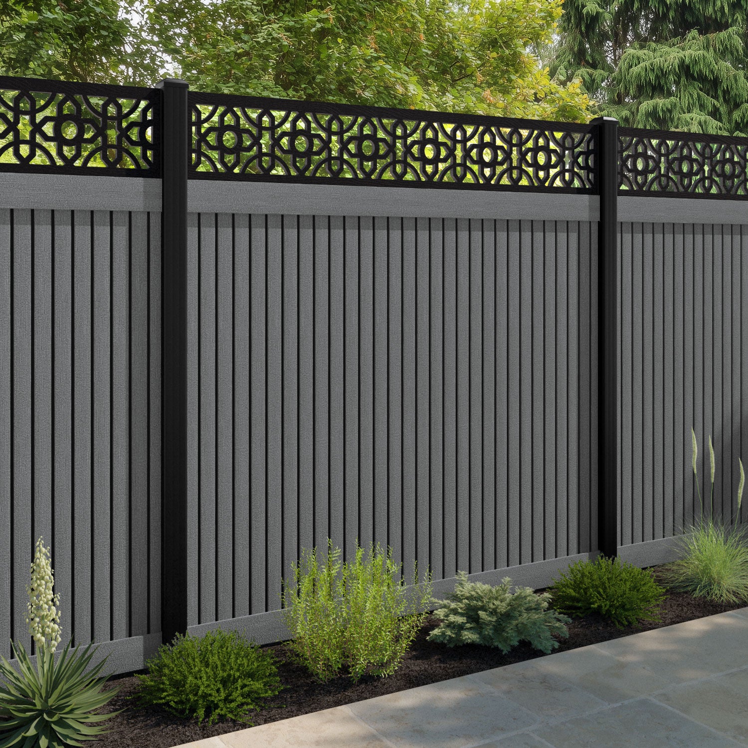 Virtis Nabila Fence Panel - Mid Grey - with our aluminium posts