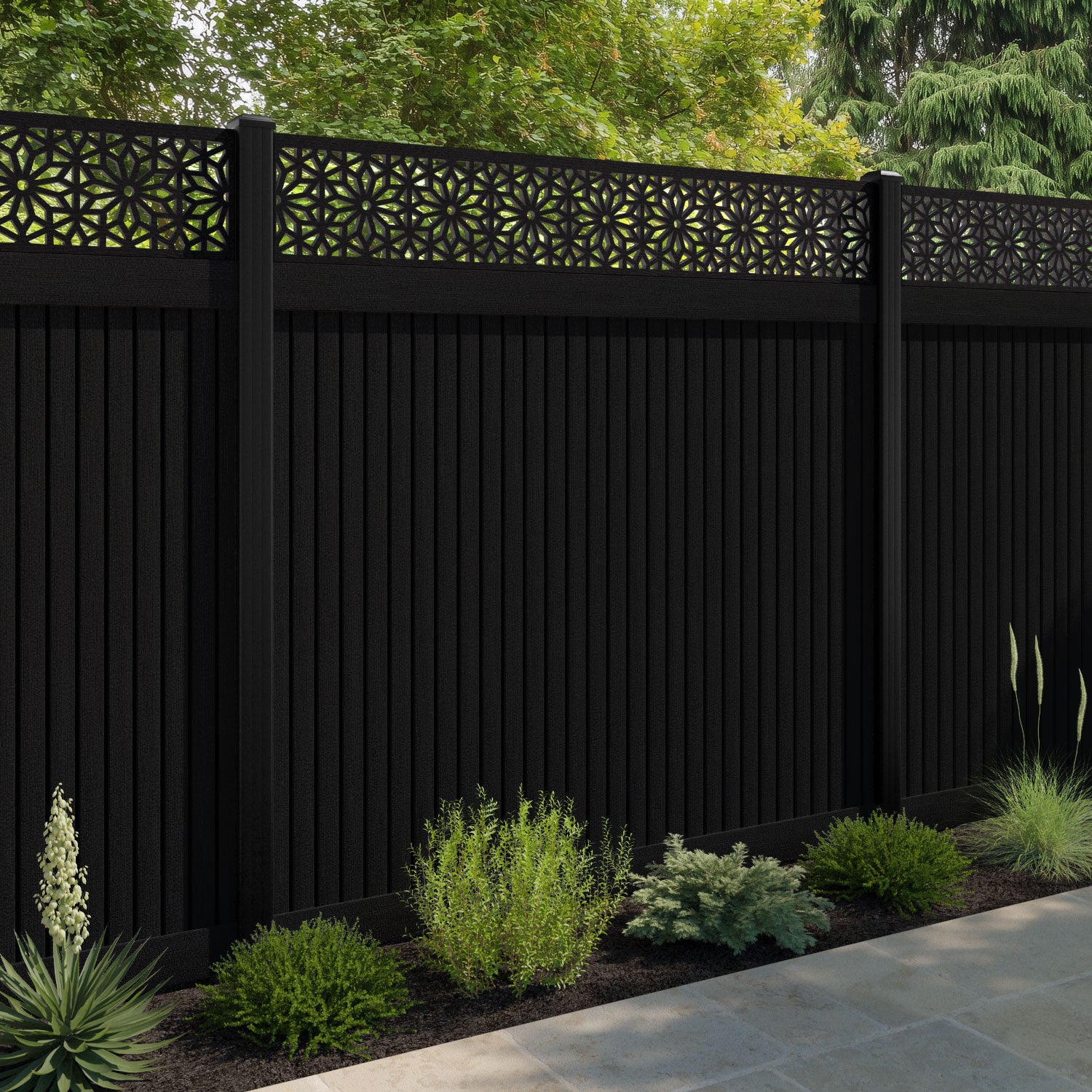 Virtis Narwa Fence Panel - Black - with our aluminium posts
