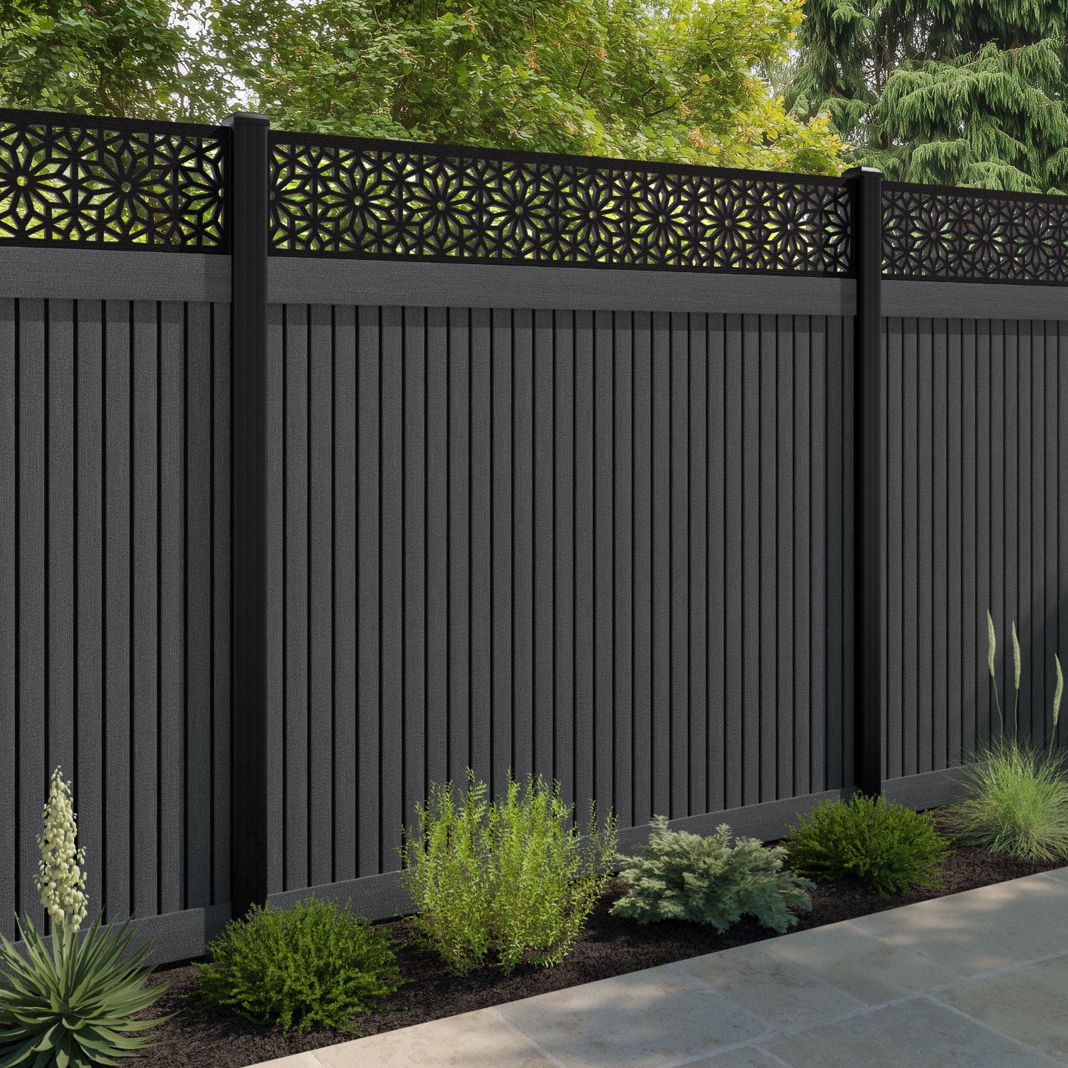Virtis Narwa Fence Panel - Dark Grey - with our aluminium posts