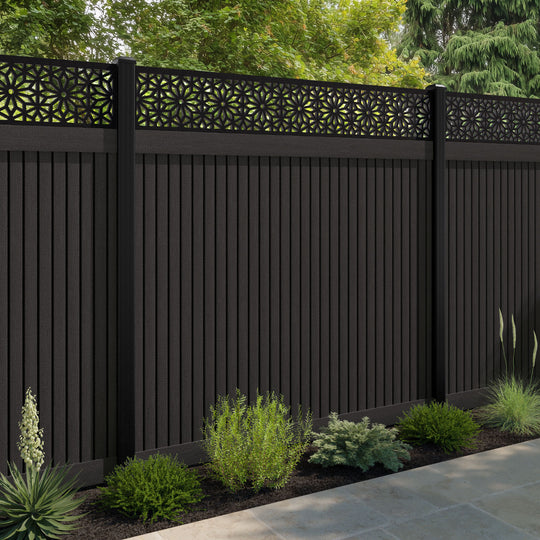 Virtis Narwa Fence Panel - Dark Oak - with our aluminium posts