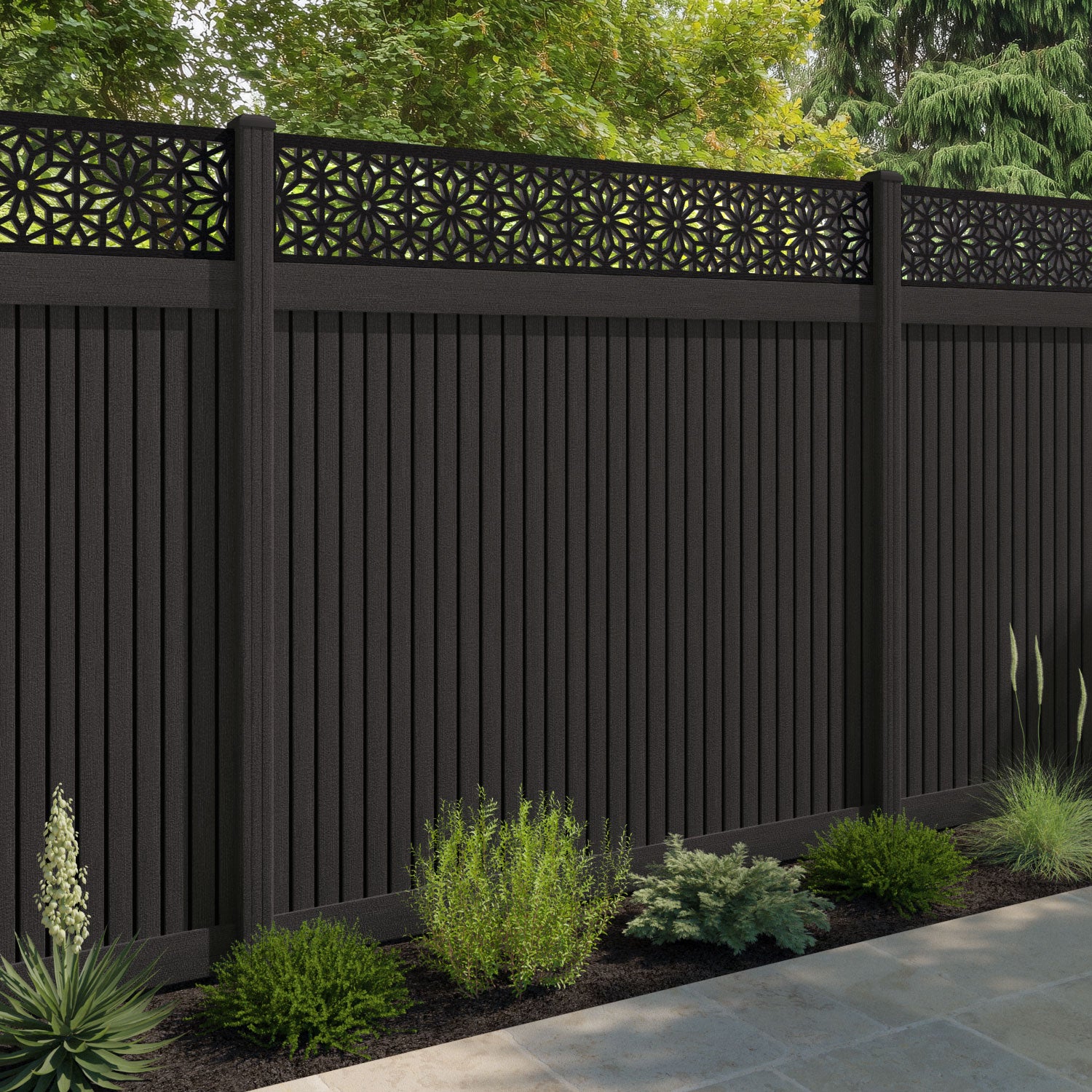 Virtis Narwa Fence Panel - Dark Oak - with our composite posts