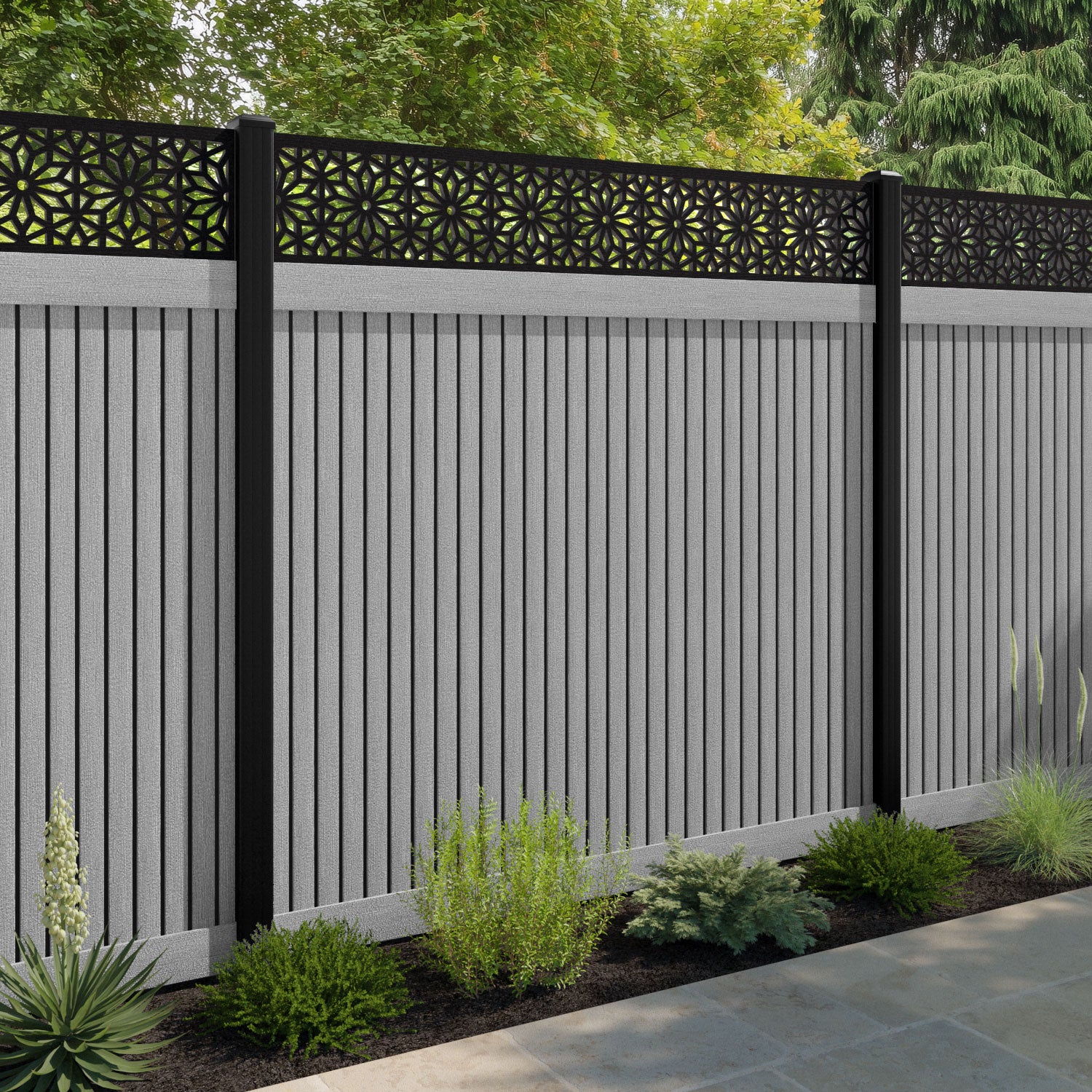 Virtis Narwa Fence Panel - Light Grey - with our aluminium posts