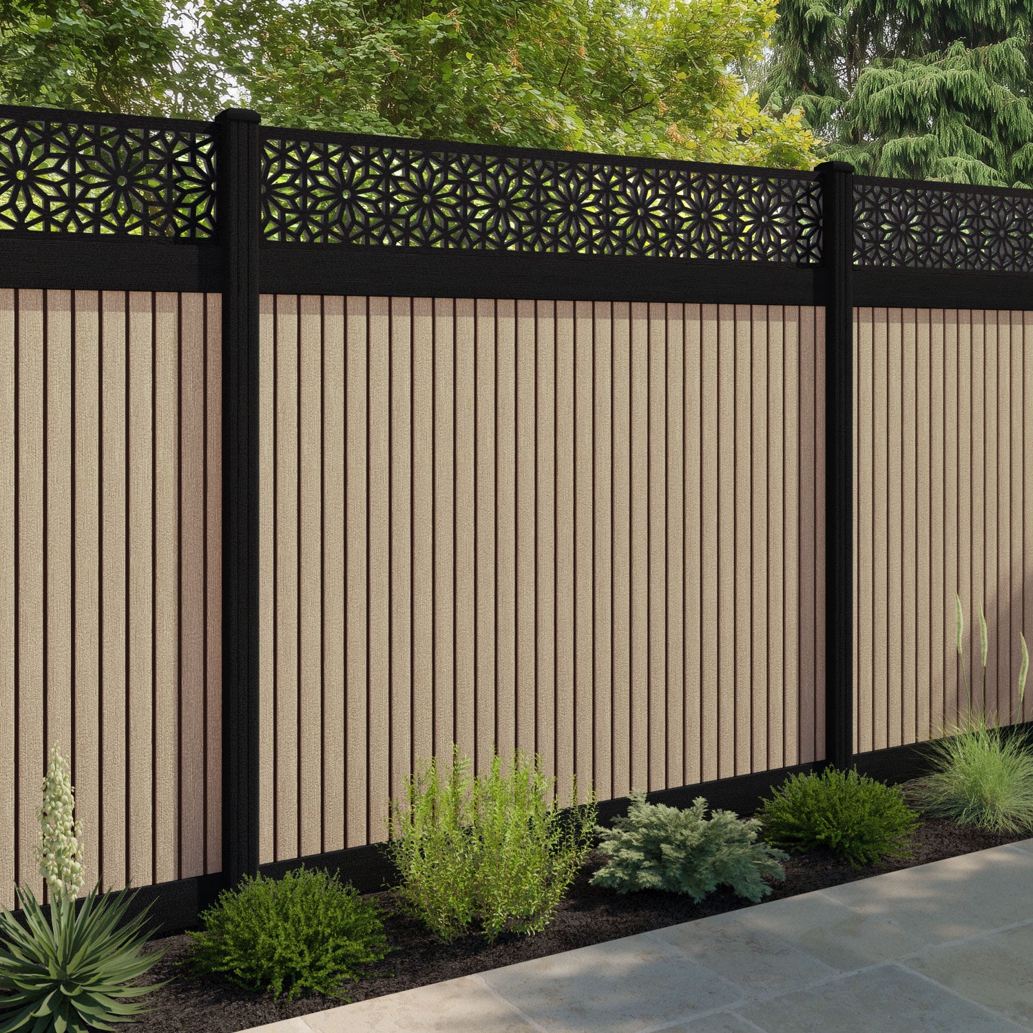 Virtis Narwa Fence Panel - Light Oak - with our composite posts