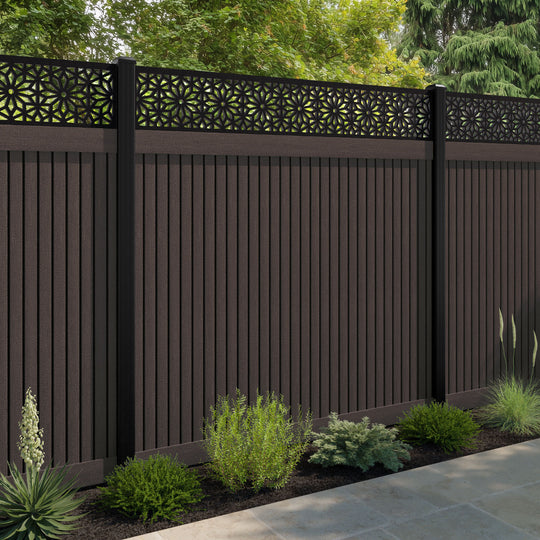Virtis Narwa Fence Panel - Mid Brown - with our aluminium posts