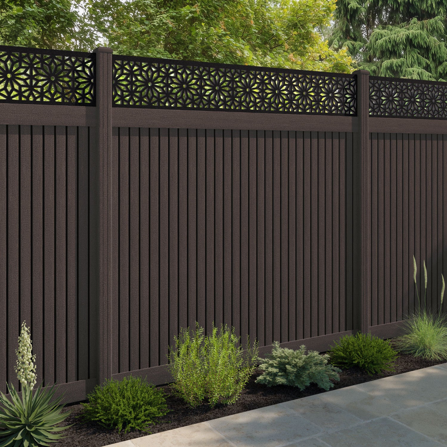 Virtis Narwa Fence Panel - Mid Brown - with our composite posts